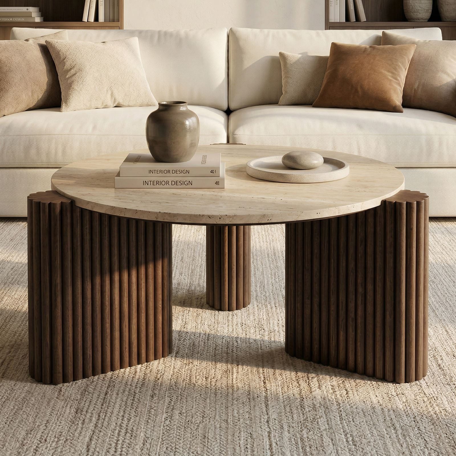 IDIMEX Couchtisch VAPI, Beistelltisch rund 80 cm aus Travertin und Mangoholz Braun/Beige