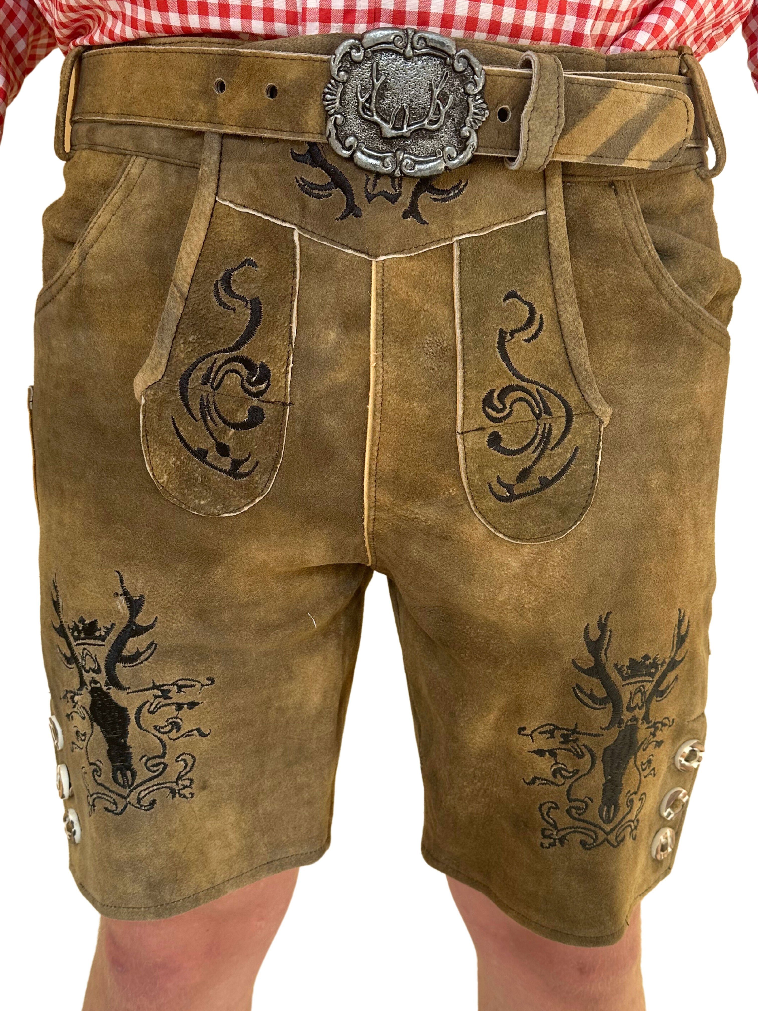 Herren Oktoberfest Gürtel Trachtenhose mit, Lederhose Dretaild Premium kurz verziert schwarz Ziegenleder