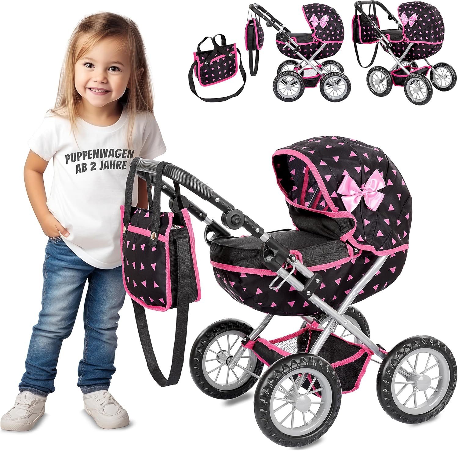 kinderplay Puppenwagen Puppenwagen mit Tasche – verstellbar – Spielspaß ab 3 Jahren