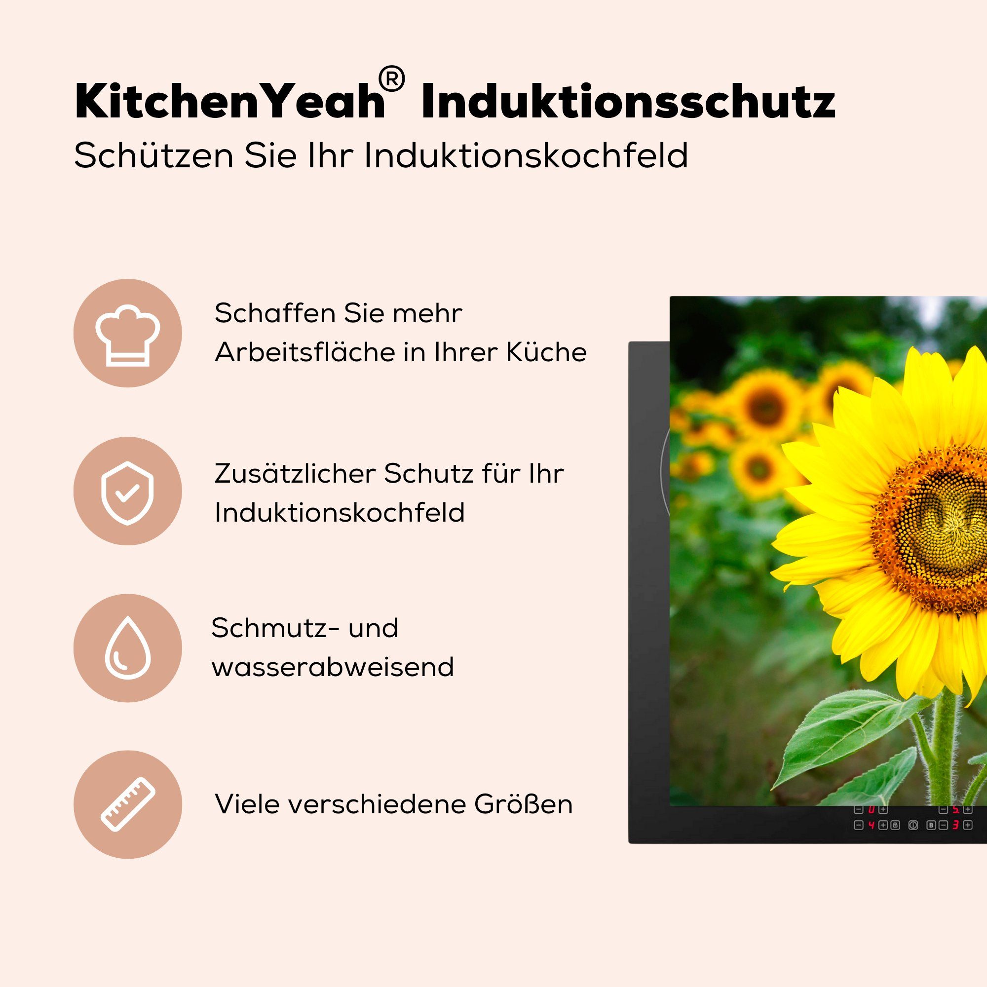 MuchoWow 81x52 Sonnenblume, die küche, Vinyl, für (1 Ceranfeldabdeckung Herdblende-/Abdeckplatte Lächelnde Schutz Induktionskochfeld cm, tlg),