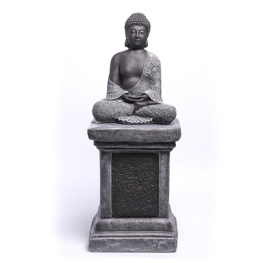 Tiefes Kunsthandwerk Buddhafigur Buddha Figur mit Säule aus Stein - Statue, frostsicher, winterfest, Made in Germany schwarz