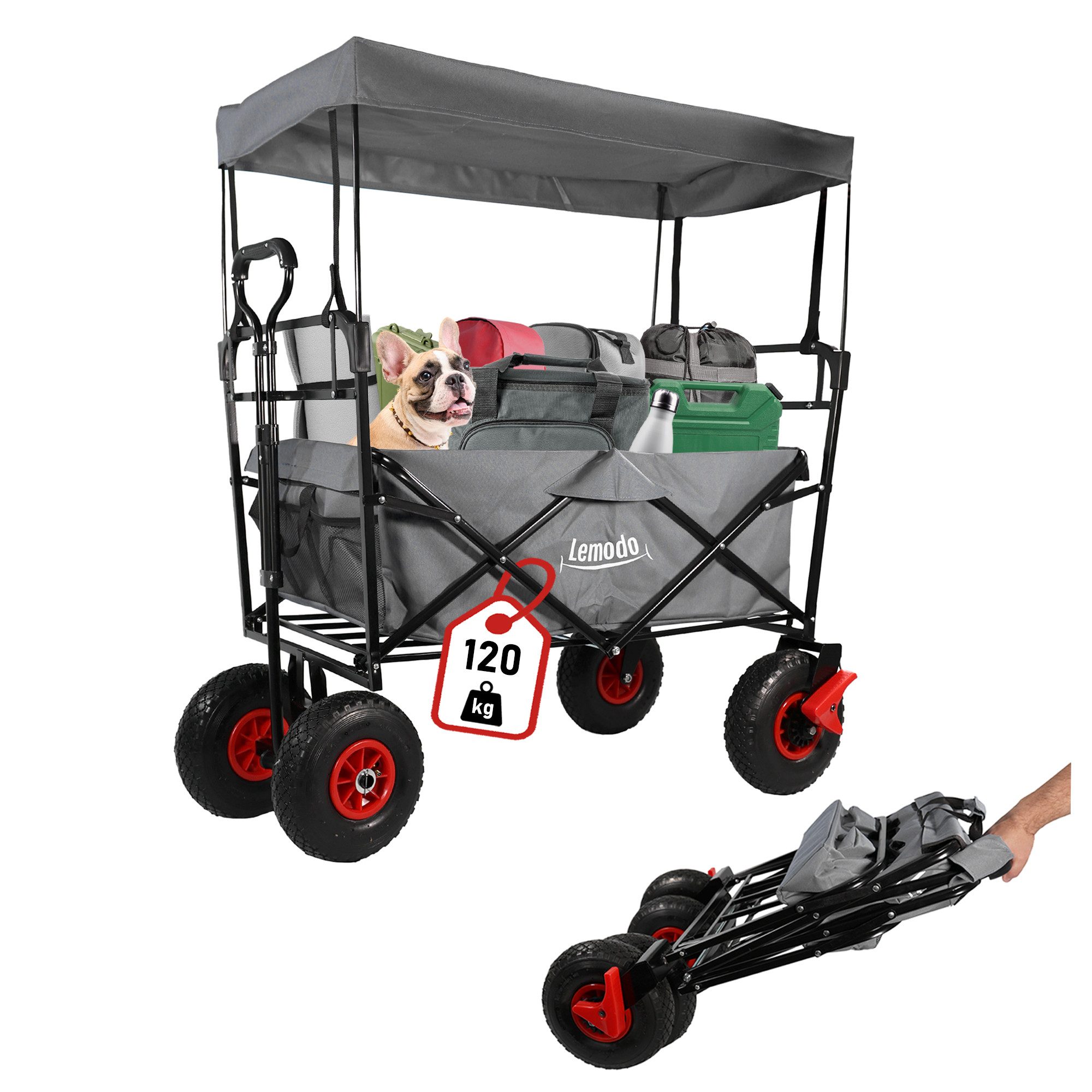 Lemodo Bollerwagen Bollerwagen faltbar mit Dach, Wagen mit 120 kg Zuladung und Luftreifen, mit Dach