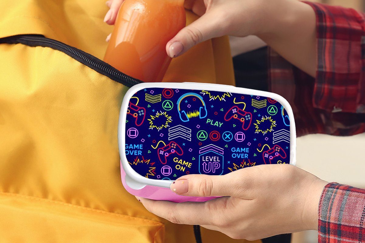 Brotbox Neon Kinder, - Gaming MuchoWow Lunchbox Snackbox, - Erwachsene, Kunststoff Mädchen, (2-tlg), Design, Brotdose Kunststoff, Kopfhörer für rosa -