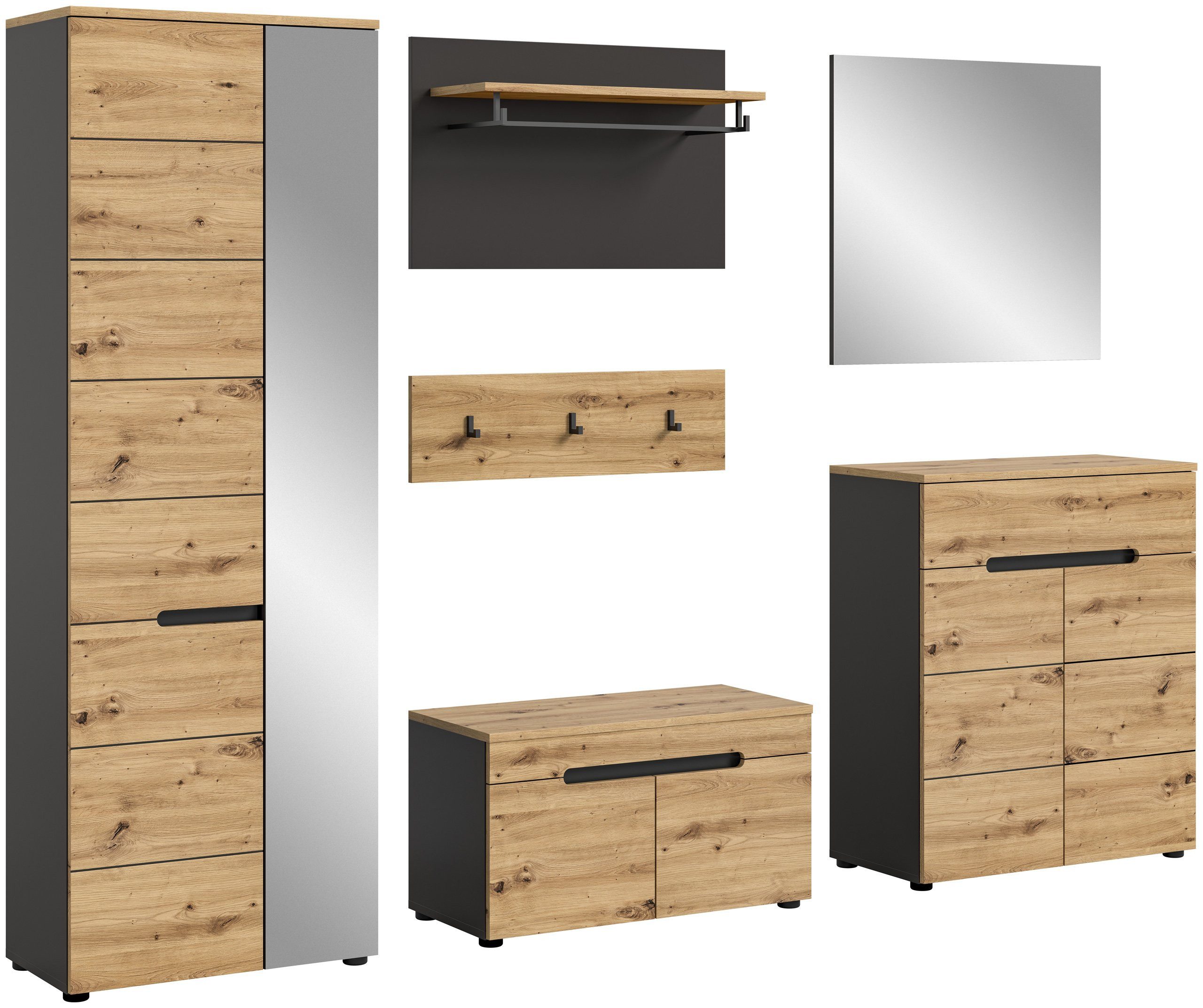 Newroom Garderoben-Set Basalt Grau 255 cm, Garderoben-Set Artisan Eiche Basalt Grau Flurmöbel Garderobenschra...