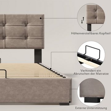 Fangqi Stauraumbett 140x200Hydraulisches gepolstertes Doppelbett mit Lattenrost aus Metall (Set,Familienbett, Einzelbett, Jugendbett, Polsterbett, Bettkasten-Innenraum 82 x 195 cm, mit Oxford-Papier, staubdicht), Verstellbares Kopfteil, mit Stauraum,Samt, Hydraulikstange