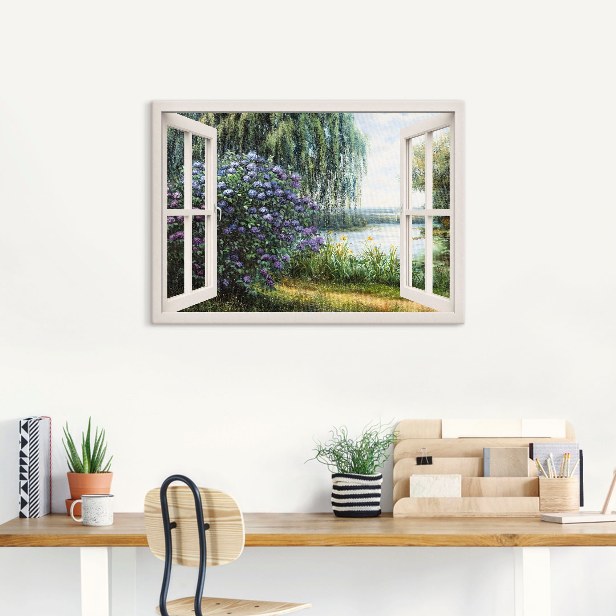Artland Leinwandbild Hortensien am See, Fensterblick (1 St), auf Holzrahmen gespannt