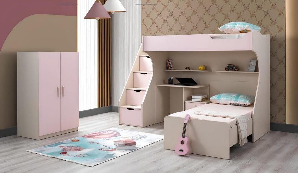Xlmoebel Etagenbett XLMOEBEL Kinderzimmer Set in Rosa mit Bett und Kleiderschrank (Kinderzimmer Set, 3-St., Kinderzimmer-Set Rosa mit Bett & Kleiderschrank), Made in Europa