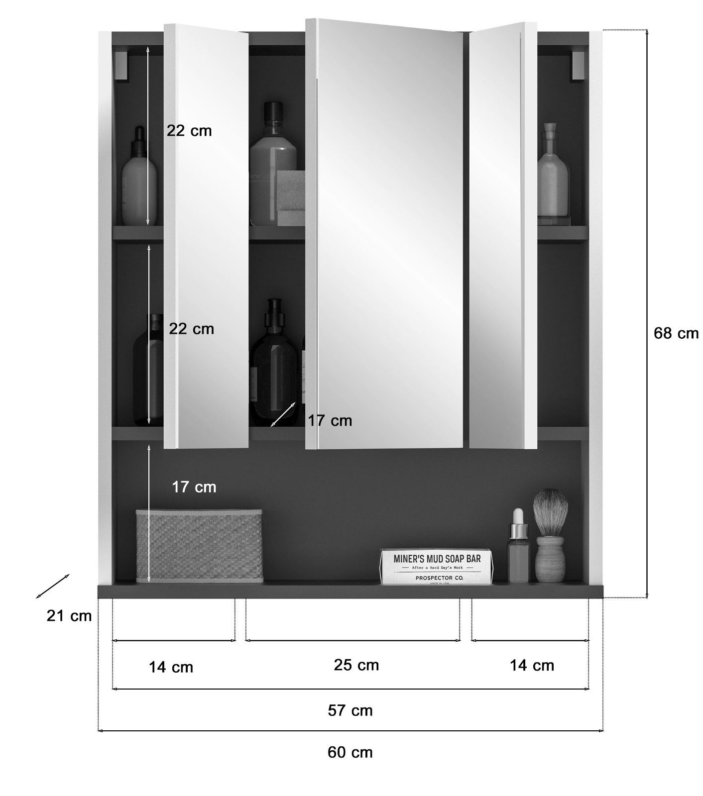 xonox.home Badezimmerspiegelschrank Rocket (Badschrank weiß 3-türig x Anthrazit, 68 mit grau cm) 60