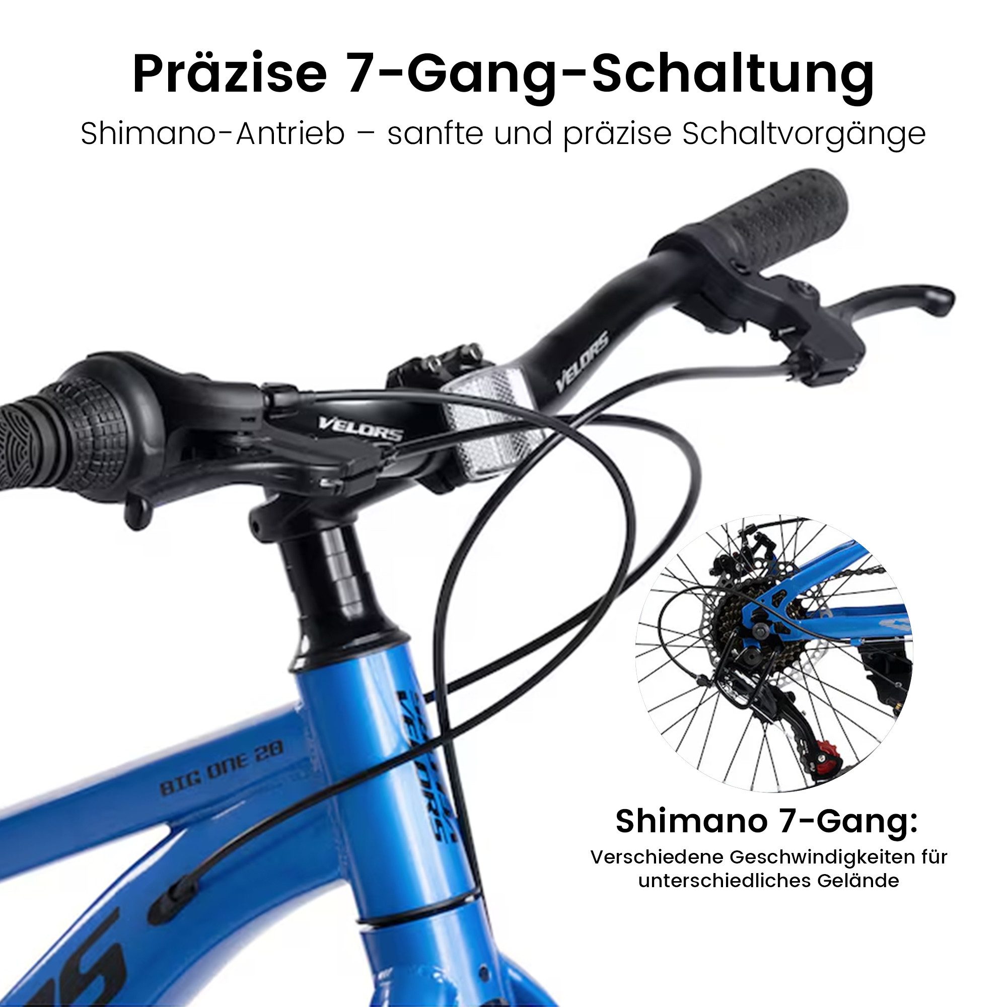 Velors Kinderfahrrad 20 Zoll Mountainbike, 7 Gang Shimano Tourney Schaltwerk, Kettenschaltung, (mechanische Scheibenbremse), Mädchen Jungen MTB Hardtail Fahrrad Bike ab 5 Jahre