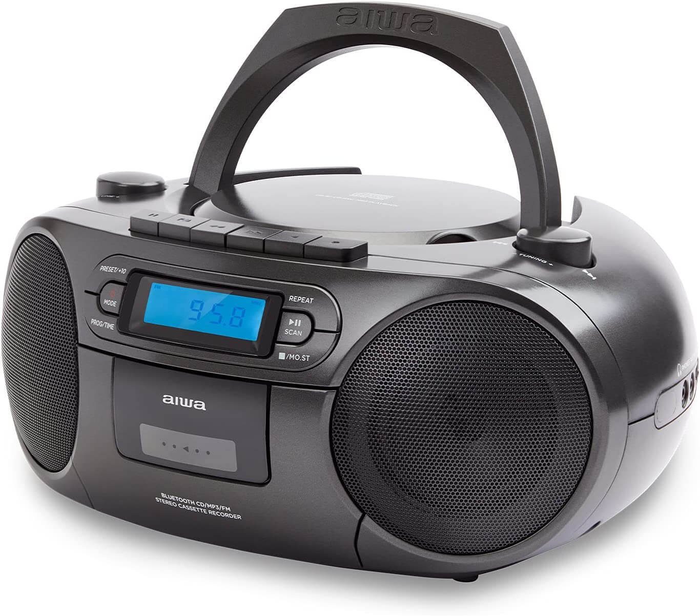 Aiwa BBTC-550 Tragbarer CD Player mit Radio, Kassette, Bluetooth und USB  tragbarer CD-Player (Digitaluhr mit 24h Anzeigeformat 6 W RMS  Audio-Ausgangsleistung)