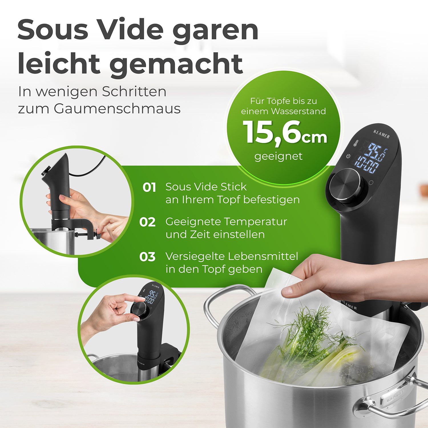 KLAMER Sous-Vide Stick 1200 Watt IPX7 wasserdichter Sous Vide Garer mit 3D Zirkulation und 2…, Perfektes Garen, 20-95°C, gleichmäßiges Erhitzen, max. 1% Abweichung