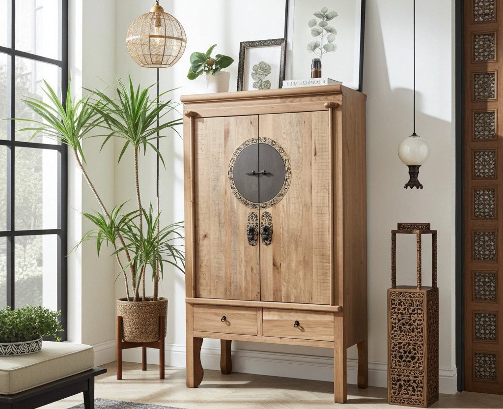 OPIUM OUTLET Kleiderschrank Asia Hochzeitsschrank Schrank Kommode Hochkommode (Möbel braun komplett montiert, Breite 105 cm, Höhe 175 cm, Tiefe 55 cm) chinesisch asiatisch orientalisch Vintage-Stil