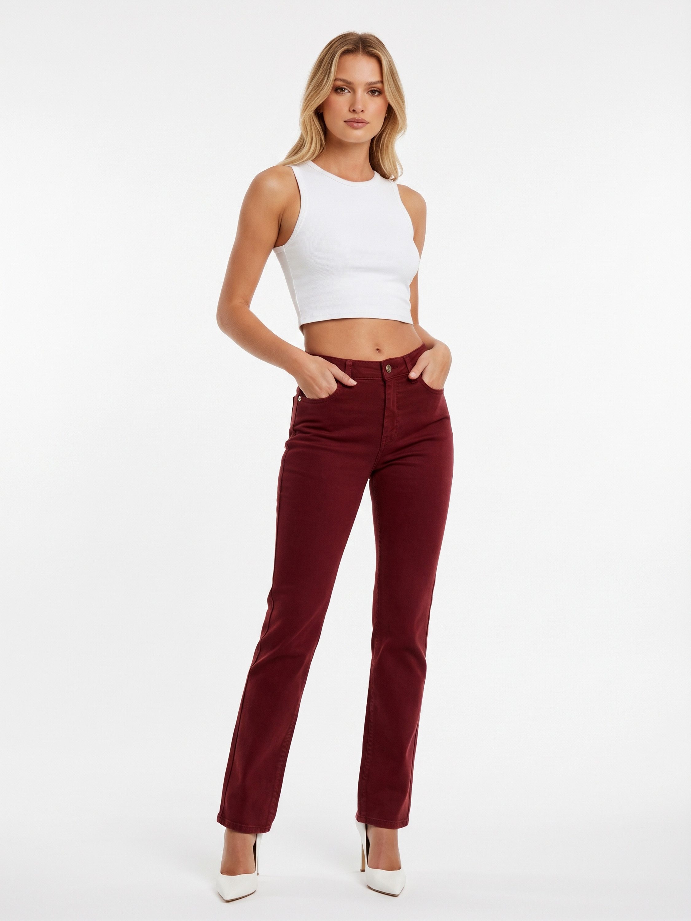 ESRA Stoffhose Stretch Hose Damen Regular Stoff-Hose Damen Elegant Hose elastisch Bordeaux Damen Hose Elegant Business Hose Stoffhose Straight Hose High – Bild 3 von 5