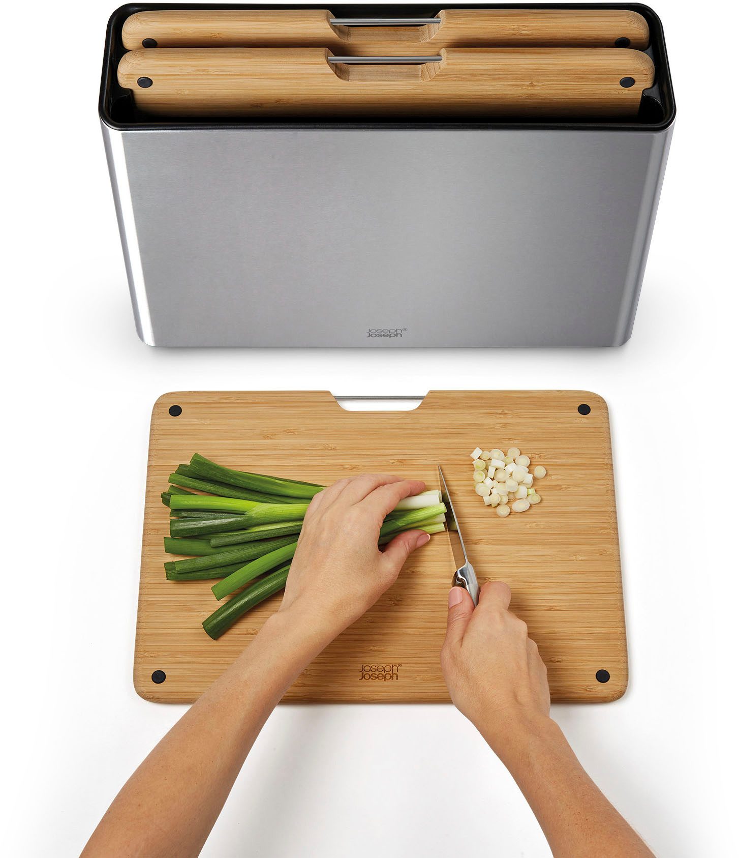 Joseph Joseph Schneidebrett Folio Steel Bamboo, Bambus, Edelstahl, Kunststoff, (Set, 4-St), doppelseitig, rutschfest, fingerabdrucksicher
