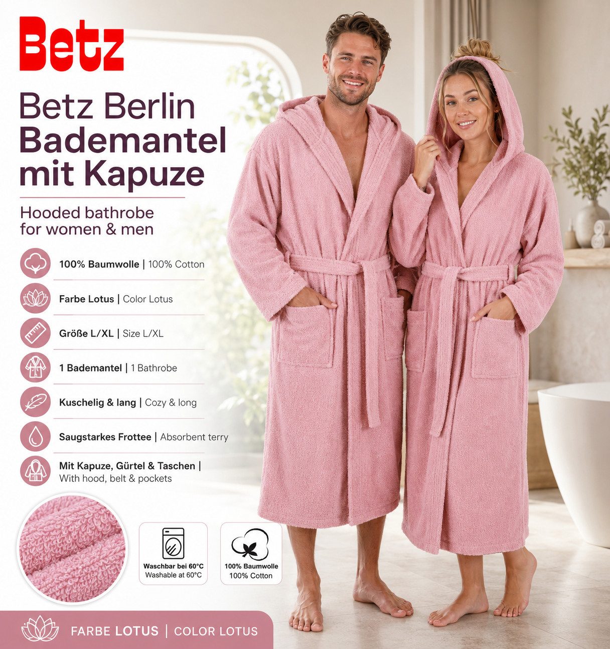 Betz Bademantel Saunamantel mit Kapuze BERLIN für Herren und Damen, Wadenlang, 100% Baumwolle, Kapuze, gürtel