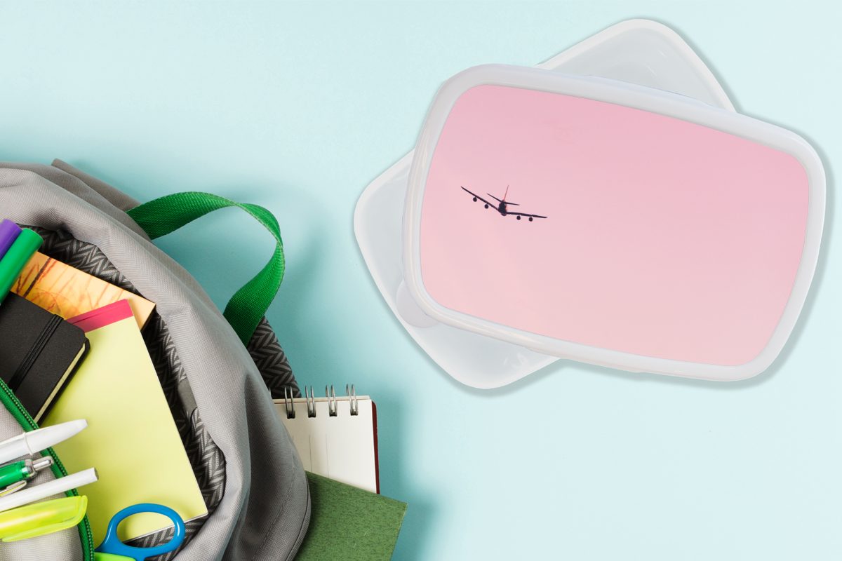 MuchoWow Lunchbox Erwachsene, in Jungs einem Brotdose, für und weiß (2-tlg), rosa Kunststoff, und Aufsteigendes für Mädchen Kinder Brotbox Flugzeug Himmel