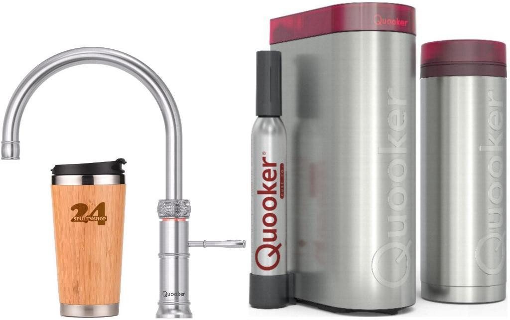 QUOOKER Küchenarmatur QUOOKER CLASSIC FUSION ROUND VAQ PRO3 mit CUBE 2 (3CFRRVSCUBE) (2-St) 100°C Kochendwasserhahn Edelstahl mit Trinkwassersystem