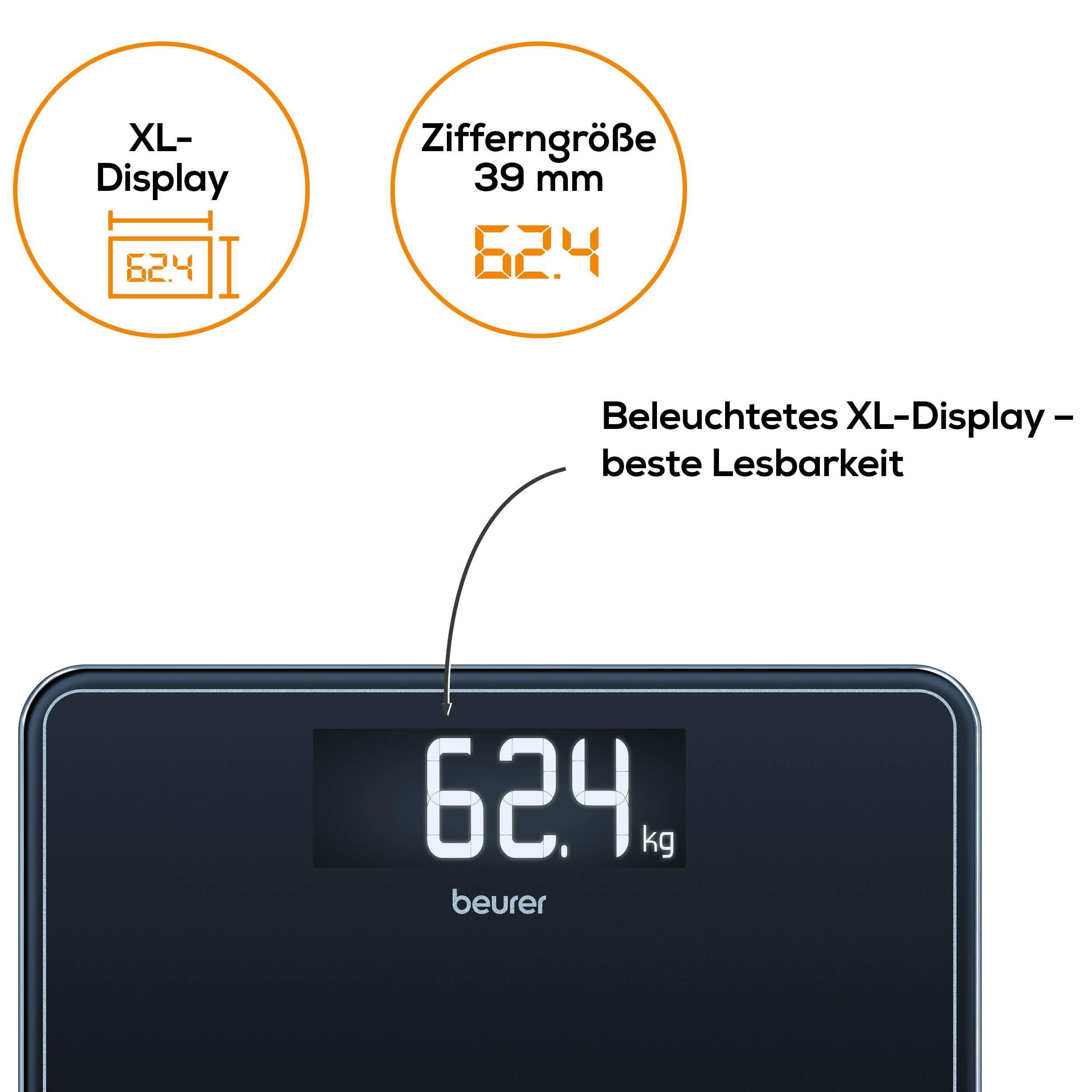 BEURER Personenwaage GS 400, große Trittfläche mit 8 mm weißem Sicherheitsglas, XL-Display, Tragkraft bis 200 kg und praktische Einschaltautomatik – Bild 3 von 5