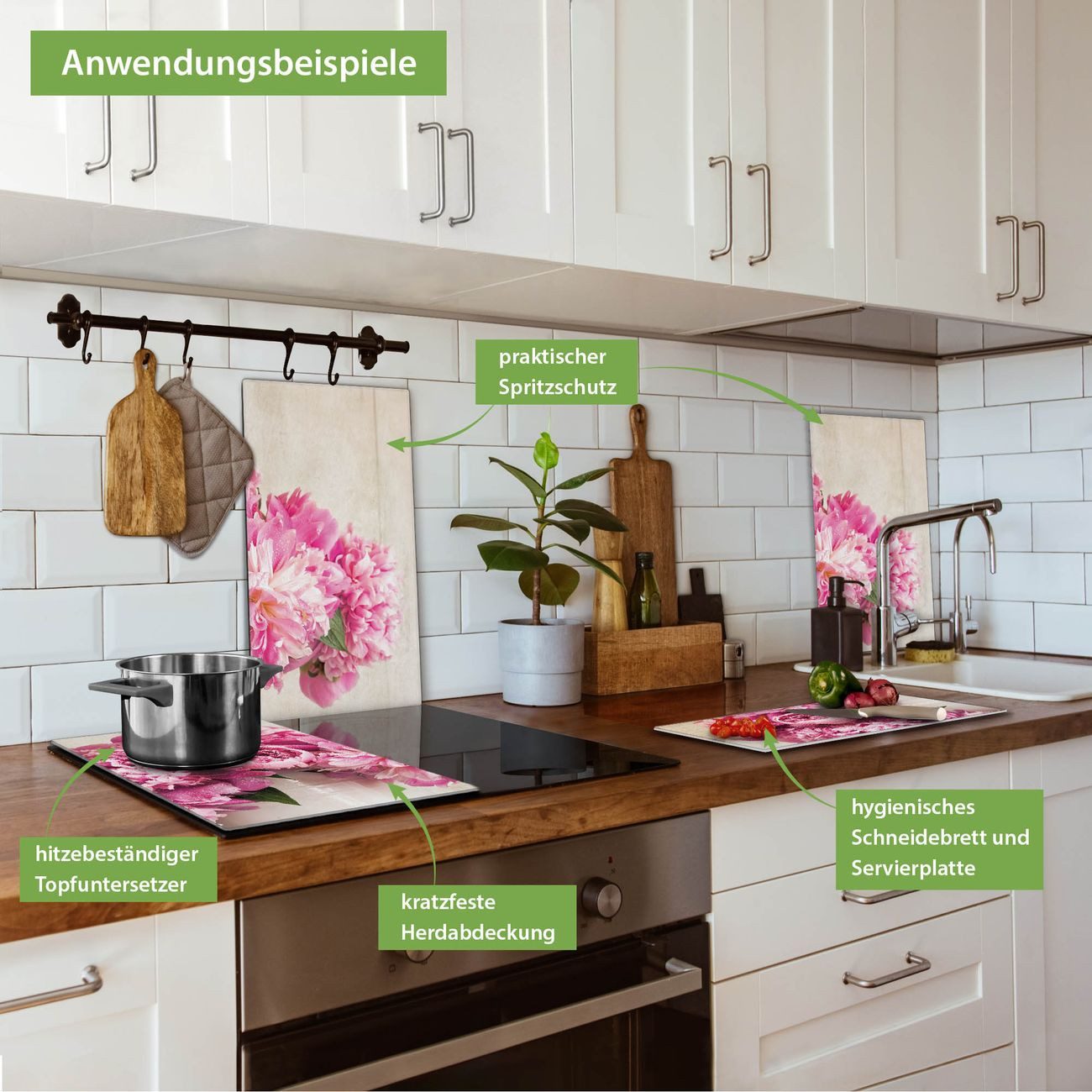 banjado Herd-Abdeckplatte zweiteilig aus Glas mit Motiv Pfingstrose, (gehärtet, 2 tlg., inkl. selbstklebende Gummifüßchen)