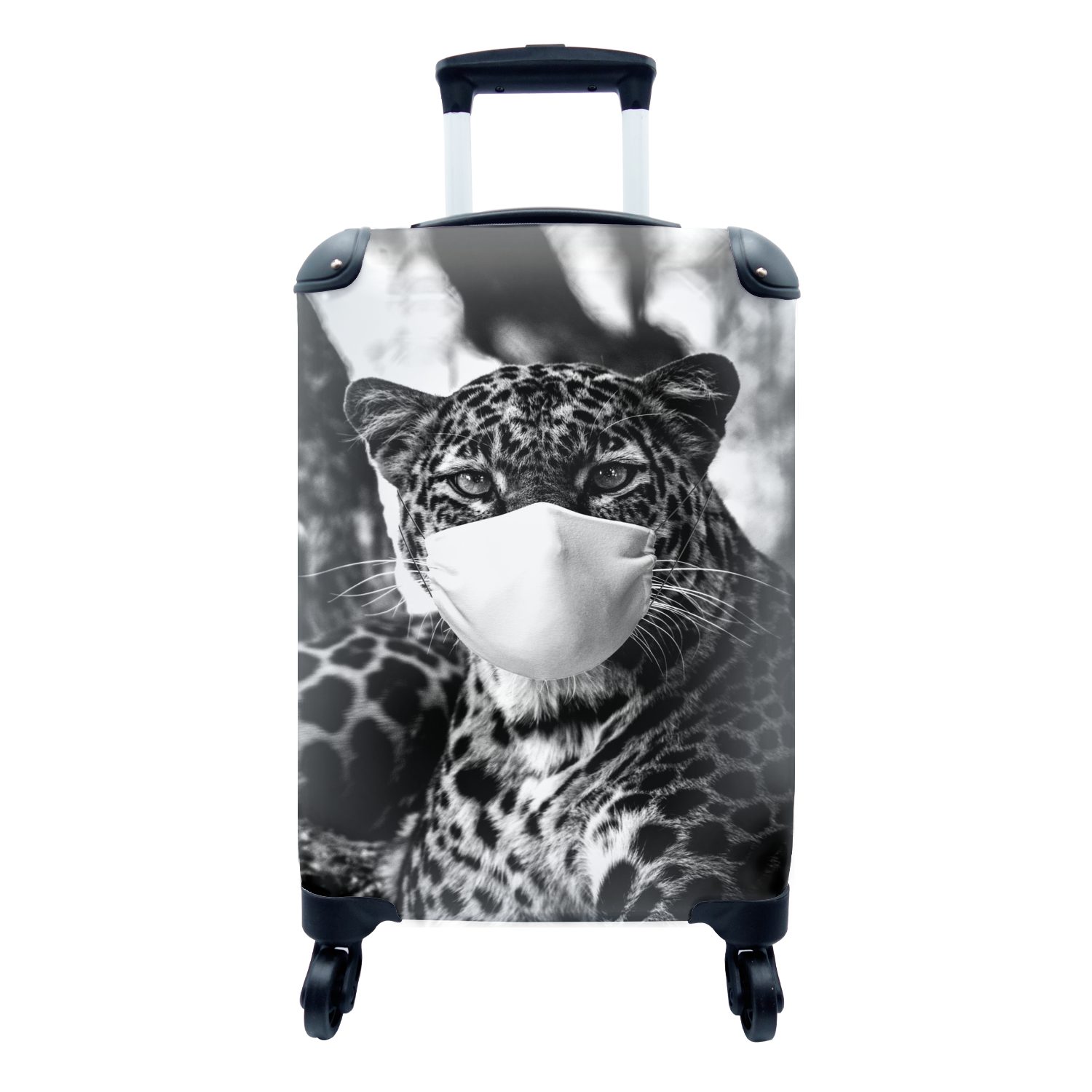 MuchoWow Handgepäckkoffer Jagender Leopard mit einer Maulkappe auf Schwanz in der Kamera -, 4 Rollen, Reisetasche mit rollen, Handgepäck für Ferien, Trolley, Reisekoffer