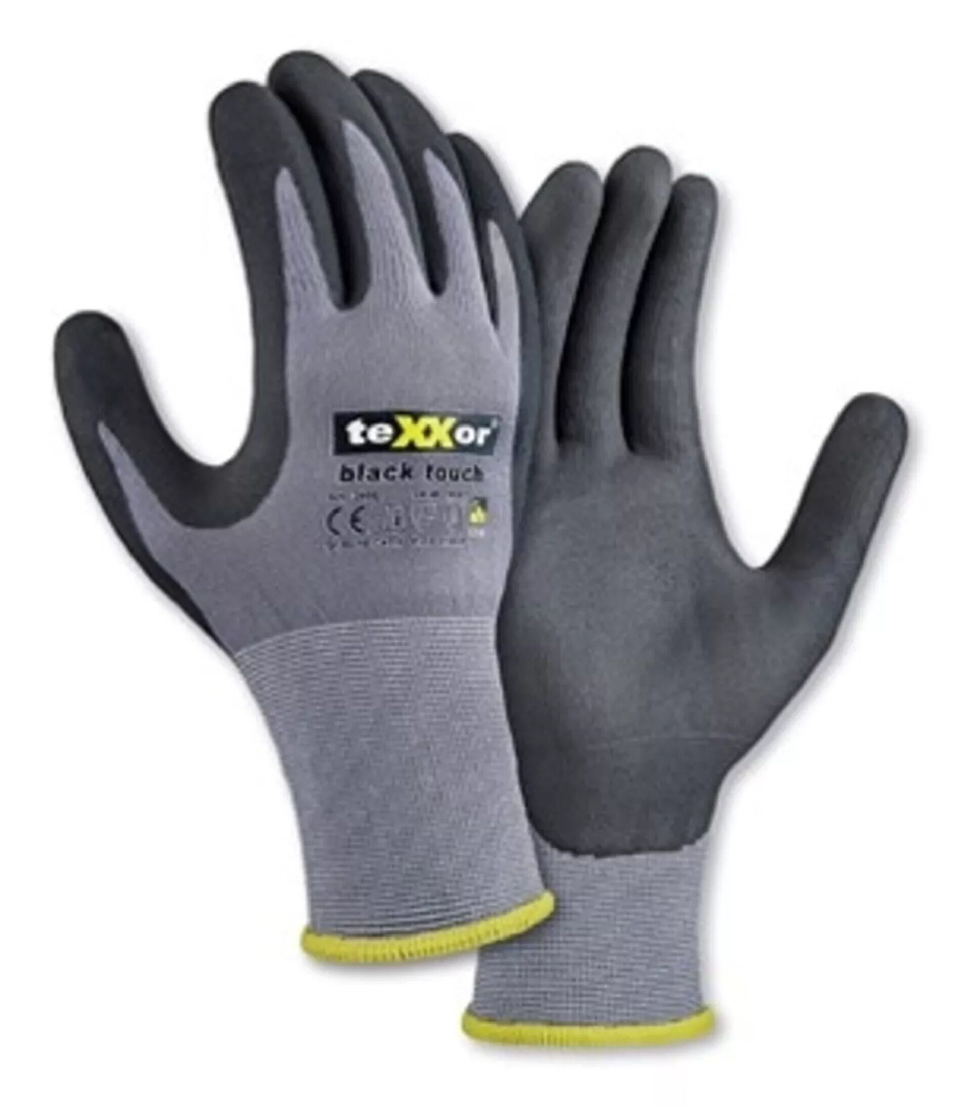 teXXor Arbeitshandschuh-Set Black Touch Nylon Strickhandschuh Nitril beschicht (Karton, 144-St., VPE=12-144, Gr 6-11) Touchscreenfähig/Atmungsaktiv