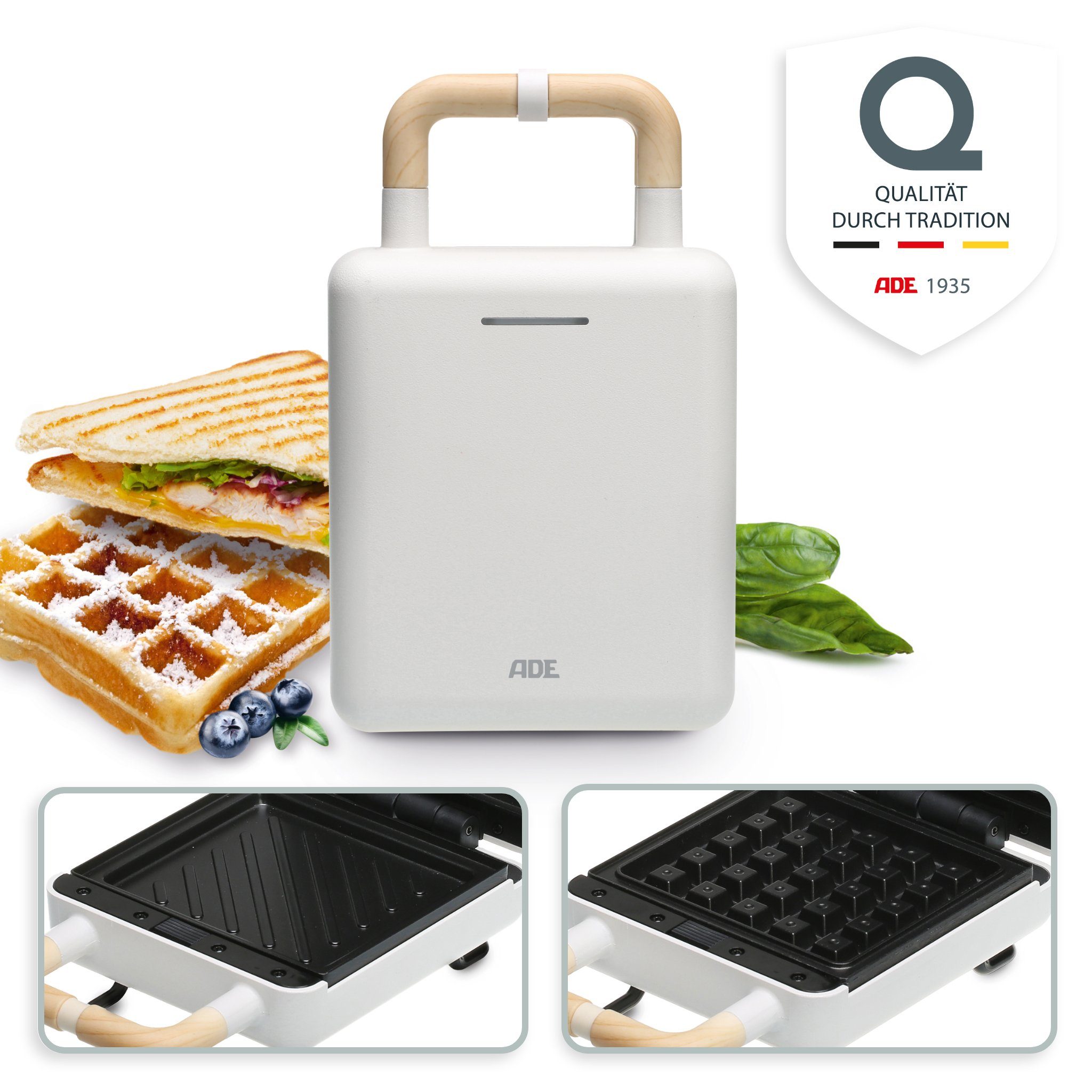 ADE 2-in-1-Kombi-Waffeleisen KG2138, 600 W, Wechselplatten für Belgische Waffeln, XL-Sandwiches, gebratene Eier