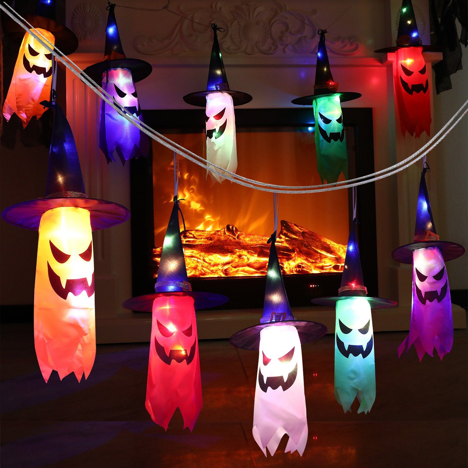 Merry 2024 Hängedekoration Halloween Deko Lichter Geister Hexenhut Halloween Lichterkette LED (2 St), Batteriebetriebene,für Halloween Garten,Hof,Zuhause,Baum Dekorationen