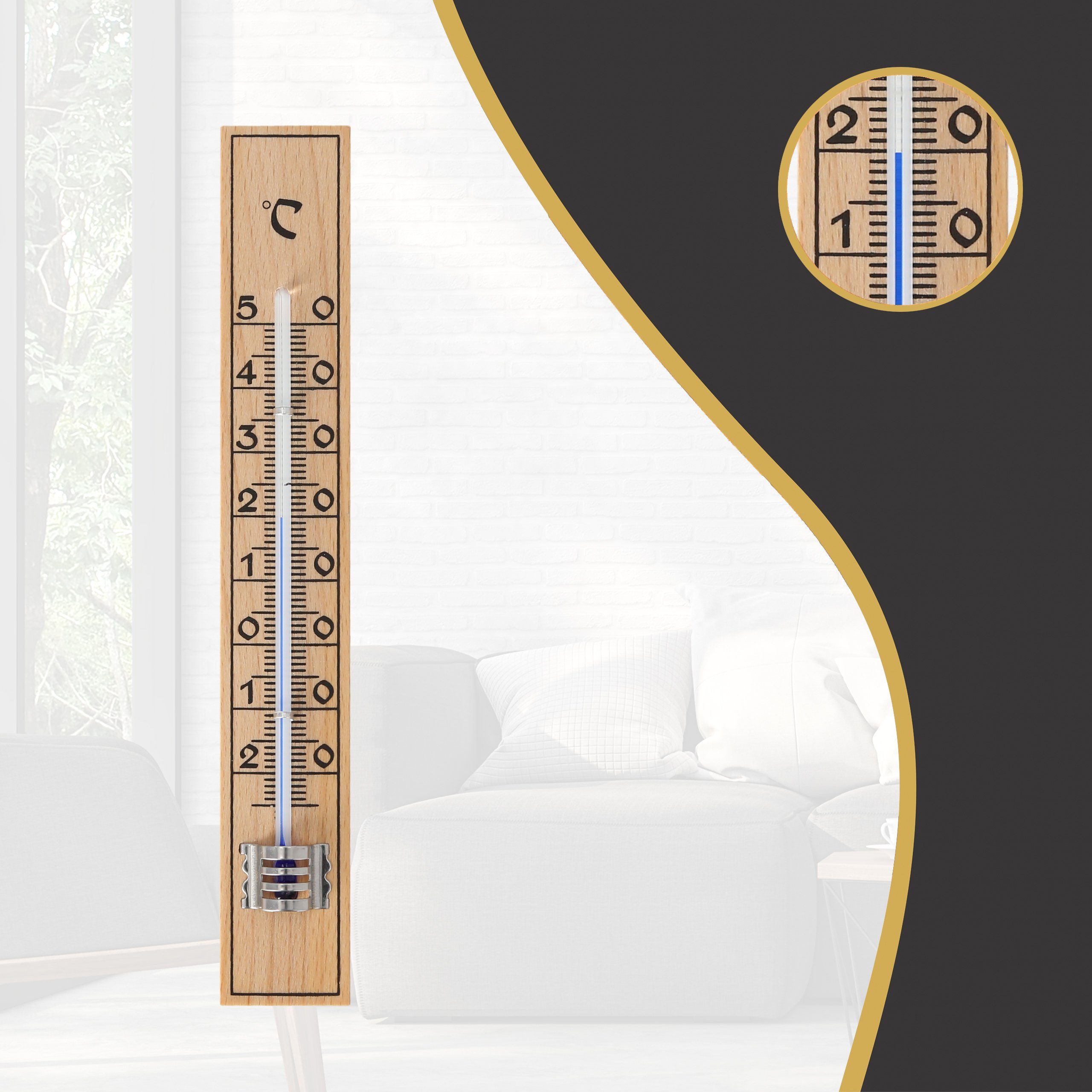 Lantelme Raumthermometer Holz 17cm Analog Innen Außen Zimmer Garten Thermometer Holzthermometer, 3-tlg., 3 oder 5 Stück Set, Deutsche Herstellung, Temperaturanzeige -25 bis +50 Grad Celsius