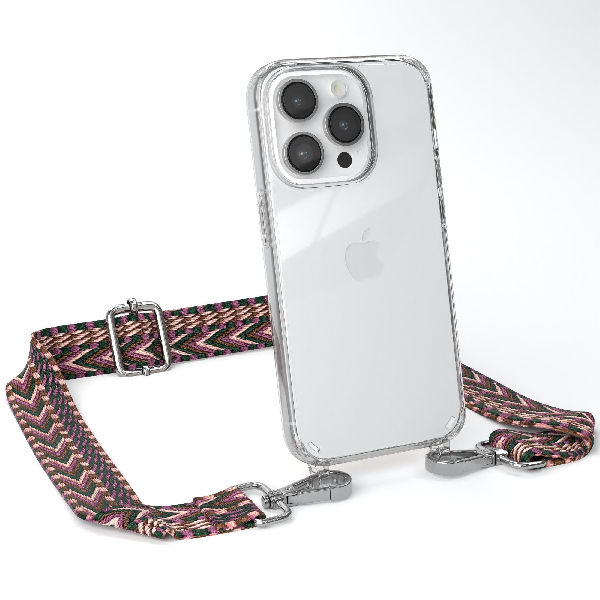 EAZY CASE Handykette Boho Umhängeband für Apple iPhone 14 Pro 6,1 Zoll, Durchsichtige Hülle mit Handyriemen Phone Karabiner Halskette Beere