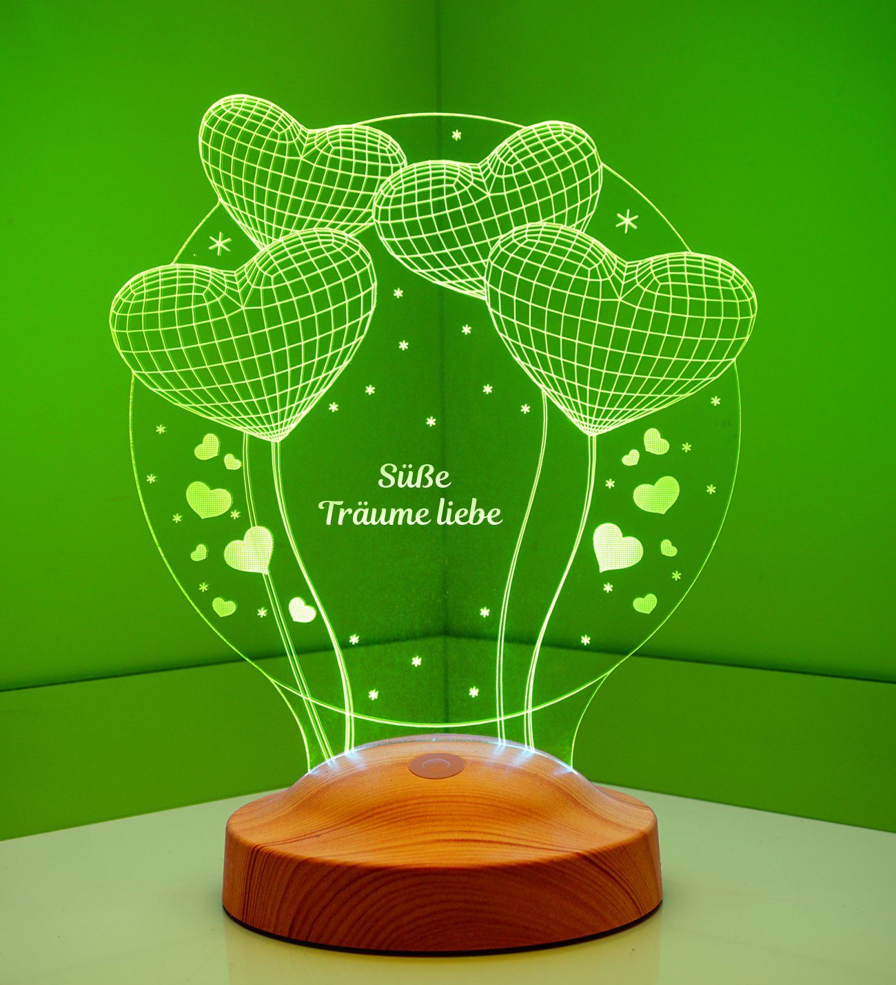 Geschenkelampe LED Nachttischlampe Ballon Herzen 3D Gravur mehrfarbige Lampe Geschenk für Taufe, Leuchte 7 Farben fest integriert, Geburtstagsgeschenk für Babys, Kinder