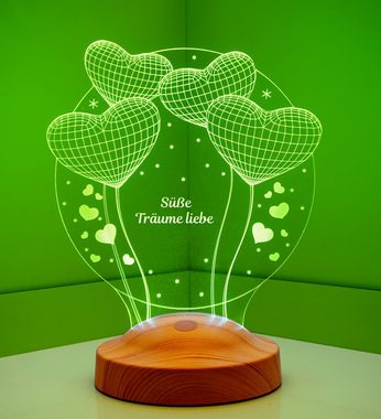 Geschenkelampe LED Nachttischlampe Ballon Herzen 3D Gravur mehrfarbige Lampe Geschenk für Taufe, Leuchte 7 Farben fest integriert, Geburtstagsgeschenk für Babys, Kinder