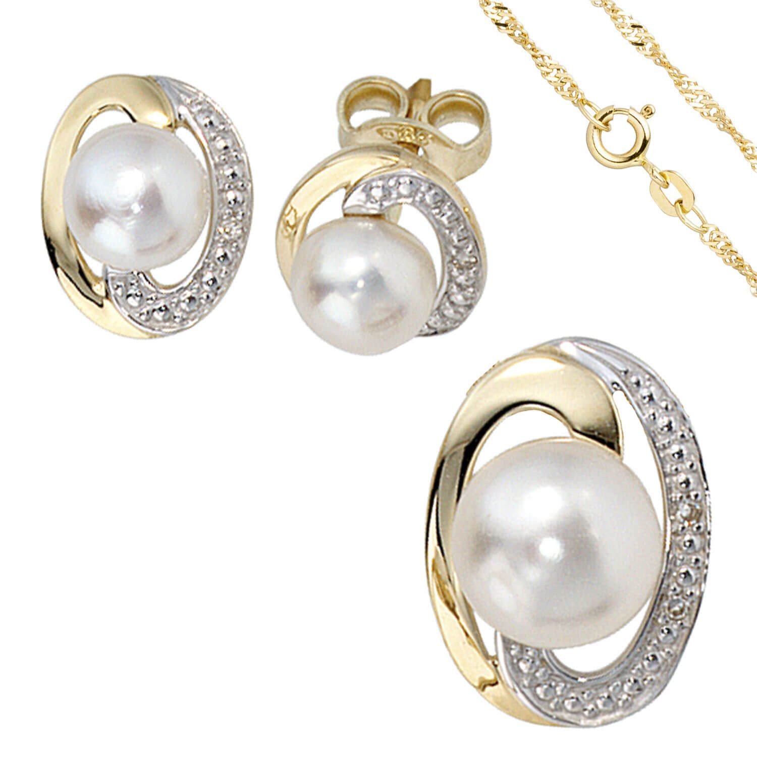 Schmuck Krone Schmuckset Schmuck-Set, 585 Gold bicolor, 3 Perlen 4 Diamanten, 45cm, Gold 585