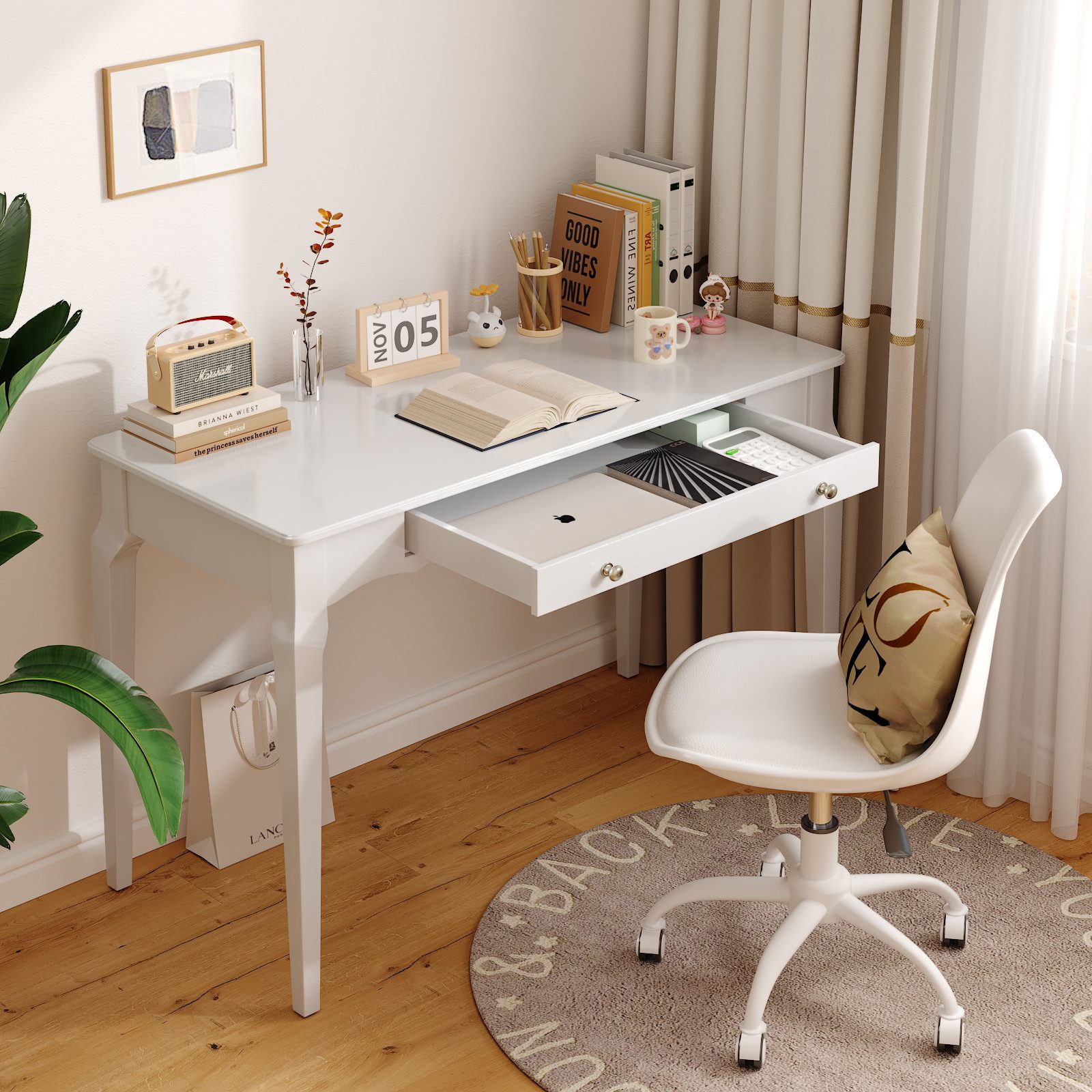 OYRREU Schreibtisch mit Schubladen/Monitorständer/Rückwand, modern, vintage Schminktisch (Set, mit Aufbewahrung), freistehender Schminktisch Boudoir