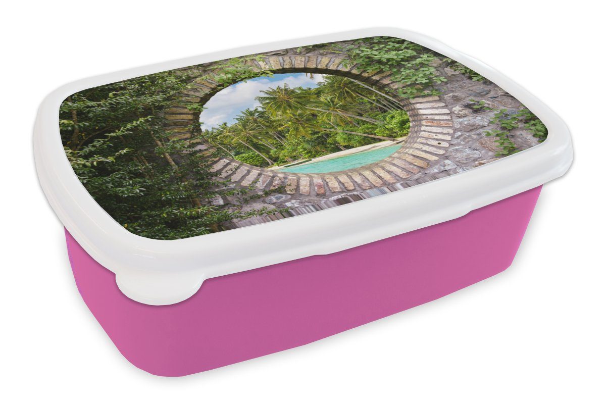 MuchoWow Lunchbox Durchblick - Palme - Tropen - Strand - Meer, Kunststoff, (2-tlg), Brotbox für Erwachsene, Brotdose Kinder, Snackbox, Mädchen, Kunststoff rosa