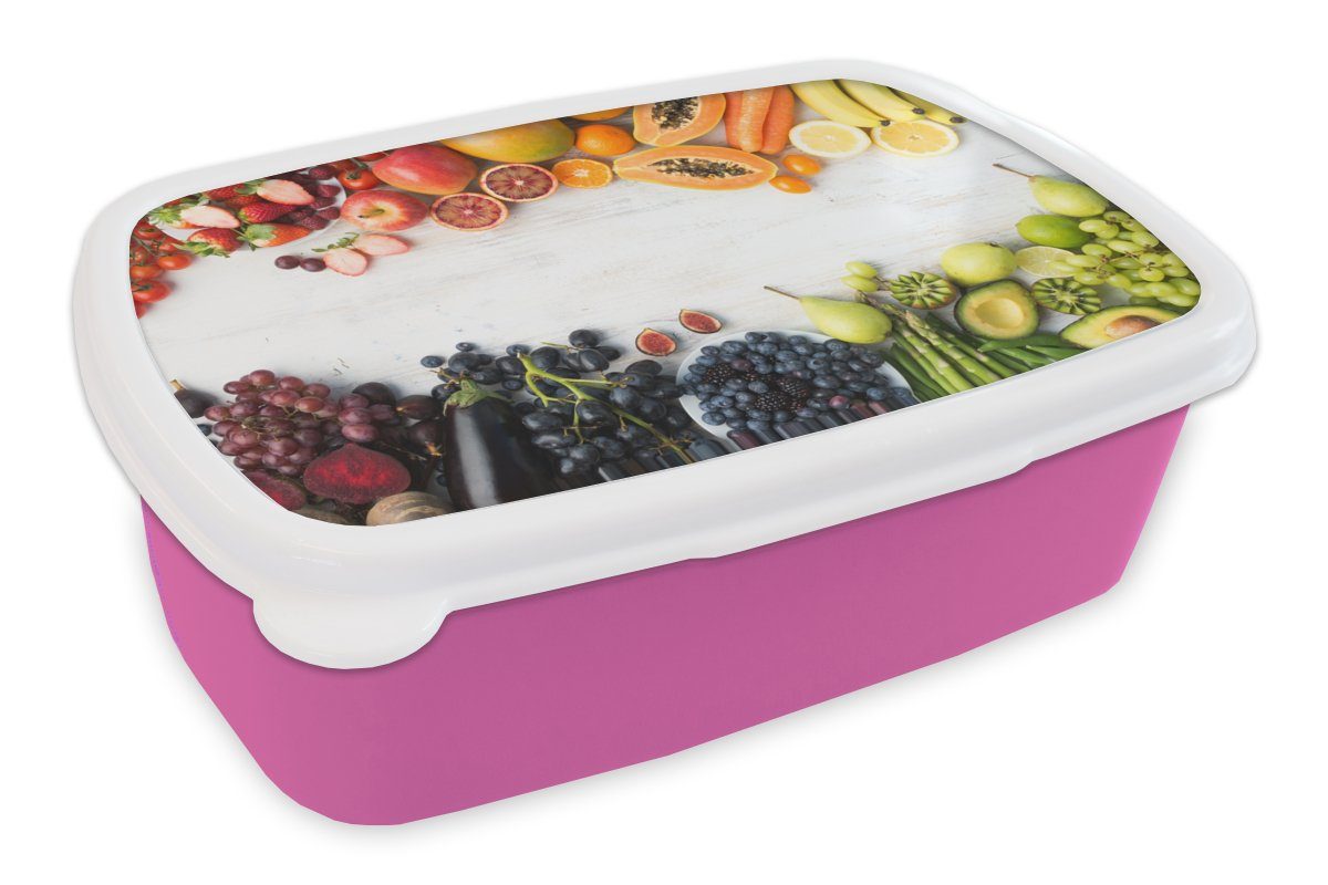 MuchoWow Lunchbox Obst - Regenbogen - Erdbeere - Weintrauben - Papaya, Kunststoff, (2-tlg), Brotbox für Erwachsene, Brotdose Kinder, Snackbox, Mädchen, Kunststoff rosa