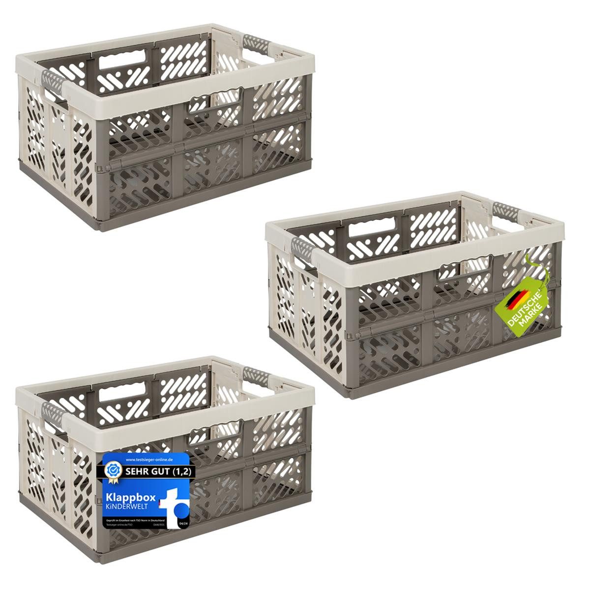 KiNDERWELT Klappbox 3x Premium Faltbox 45 L mit Soft-Touch Griffen, aus hochwertigem Kunststoff