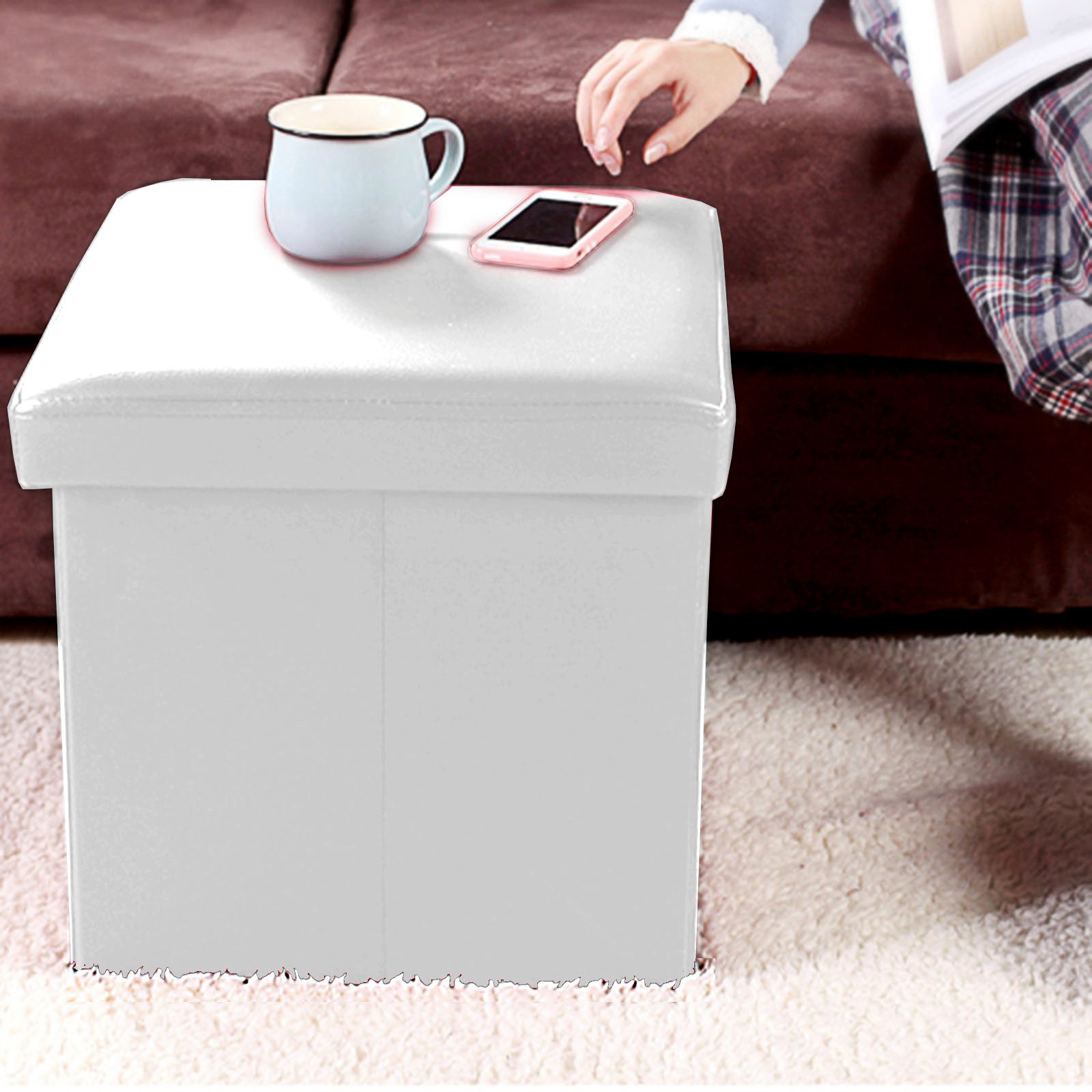 style home Sitzhocker mit Stauraum faltbare Sitzwürfel (Sitztruhe aus Kunstleder, 38 * 38 * 38 cm Weiß), gepolstert Sitzbank Fußhocker für Wohnzimmer Schlafzimmer