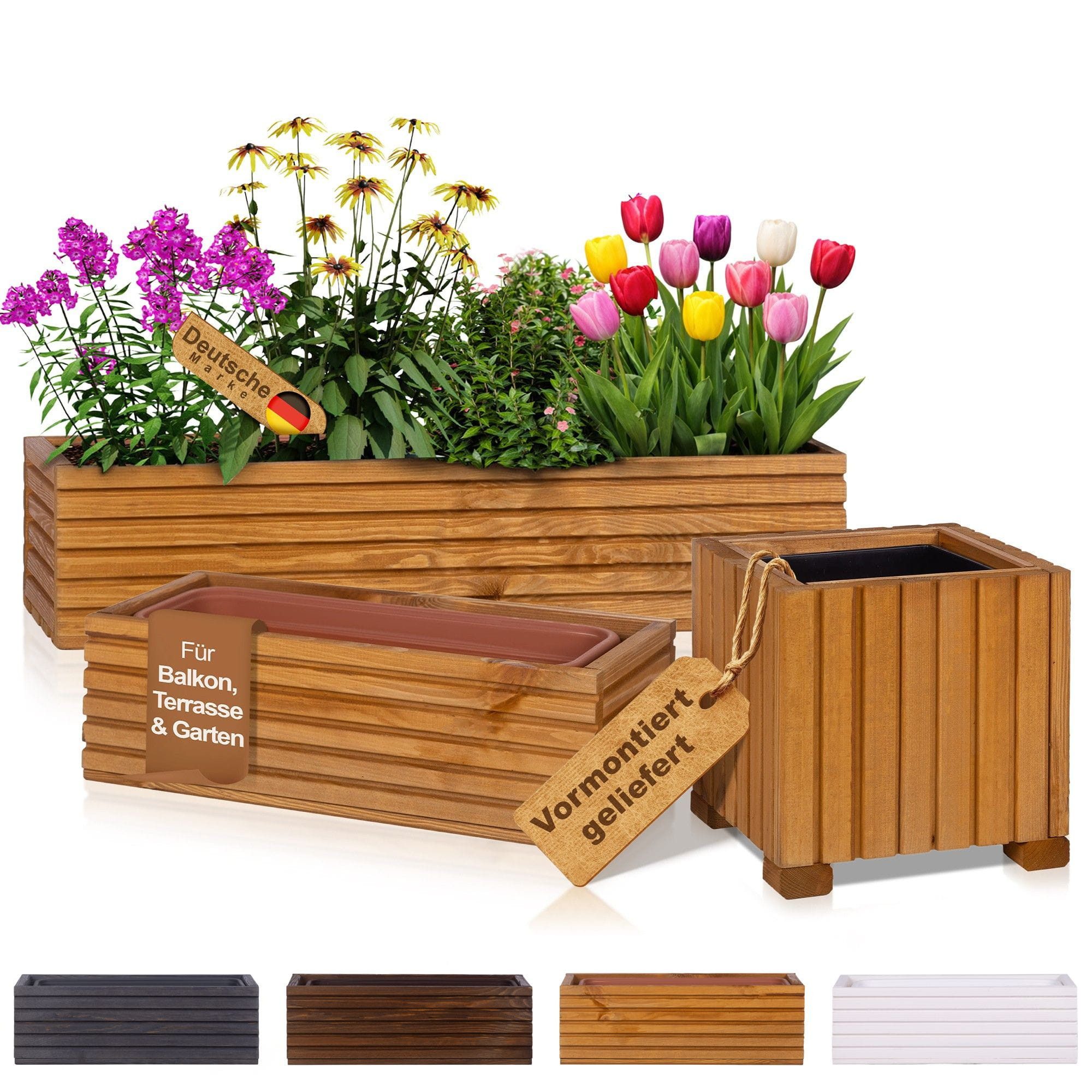 BooGardi Pflanzkübel Balkonkasten Blumenkasten mit Kunststoffeinsatz (Pflanzkasten · Hellbraun 44x20x14cm · 4 Farben · 3 Größen), Pflanzgefäß für Fensterbank · Balkon · Garten · Terrasse
