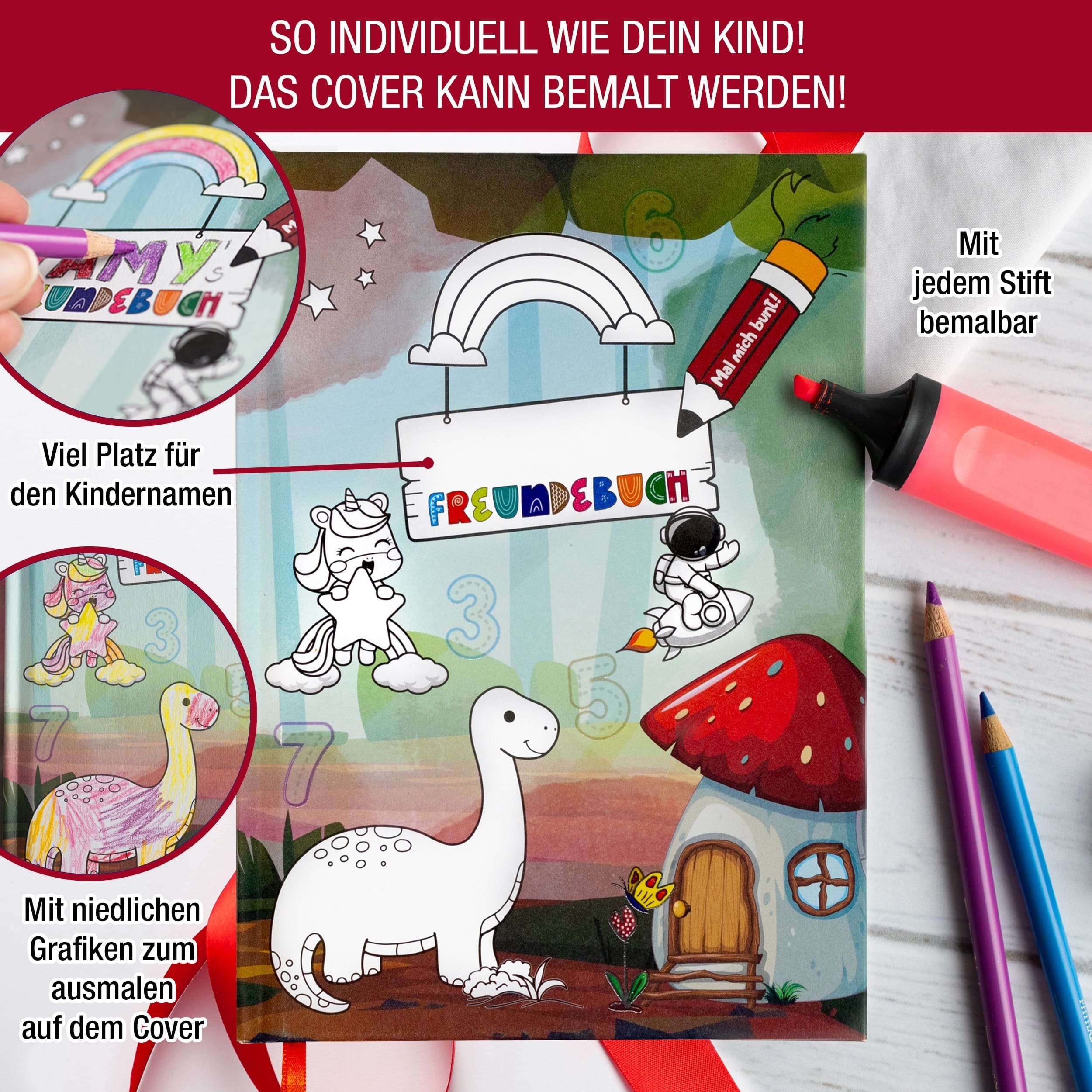 TOBJA Poesiealbum Freundebuch Kinder Kindergarten Dino Einhorn, Individuell gestaltbares Cover, Erinnerungsbuch für Mädchen und Jungen