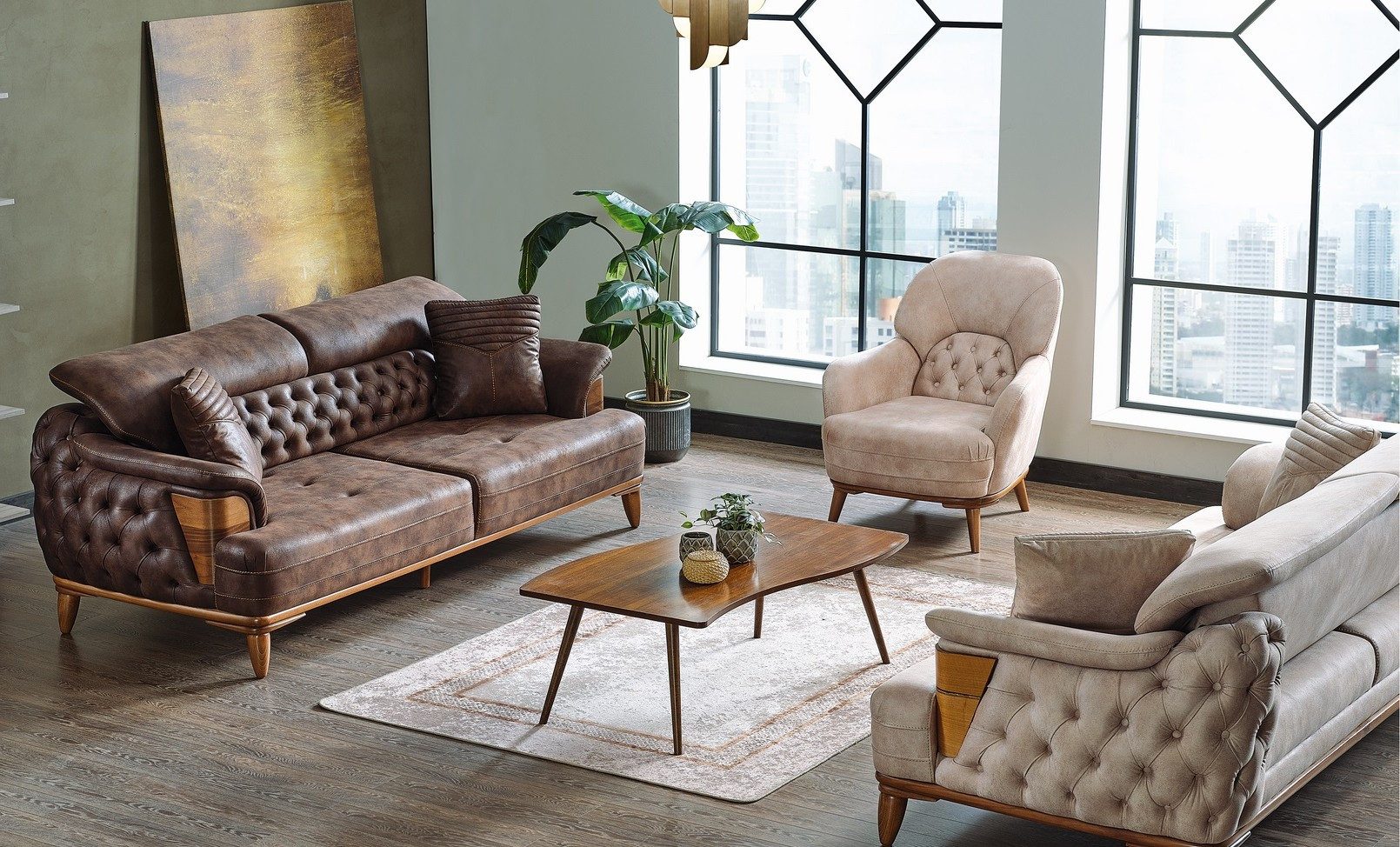 Xlmoebel Polstergarnitur Luxus Chesterfield Sofa 3+3+1 aus Stoff mit Holzrahmen, (3-tlg), Made in Europa