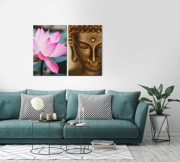 Sinus Art Leinwandbild 2 Bilder je 60x90cm Lotus Buddhakopf Bronze Statue Asien Achtsamkeit Meditation Beruhigend