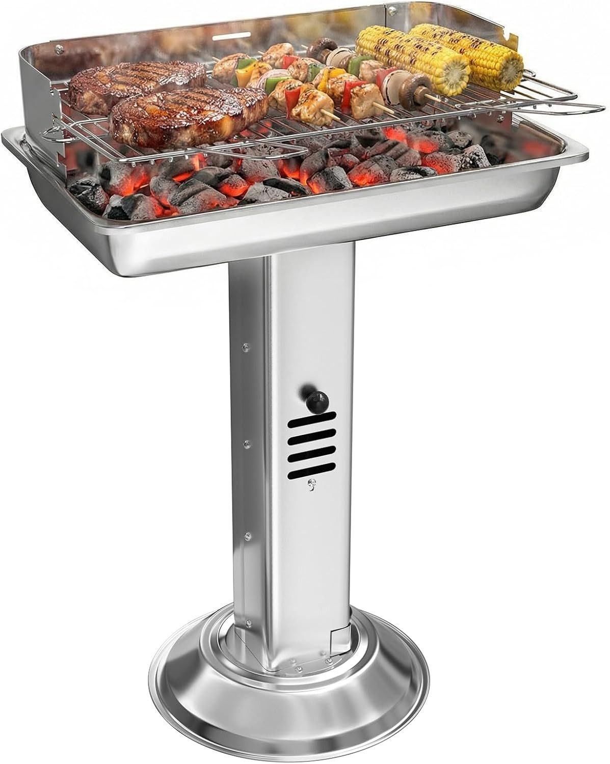 TLGREEN Holzkohlegrill Holzkohlegrill Wetterfest 52x32x84cm, Säulengrill mit 3-fach Höhenverstellbarem, Grillrost Aschekasten Belüftung, Outdoor Camping Garten BBQ Grill für 3-5 Personen