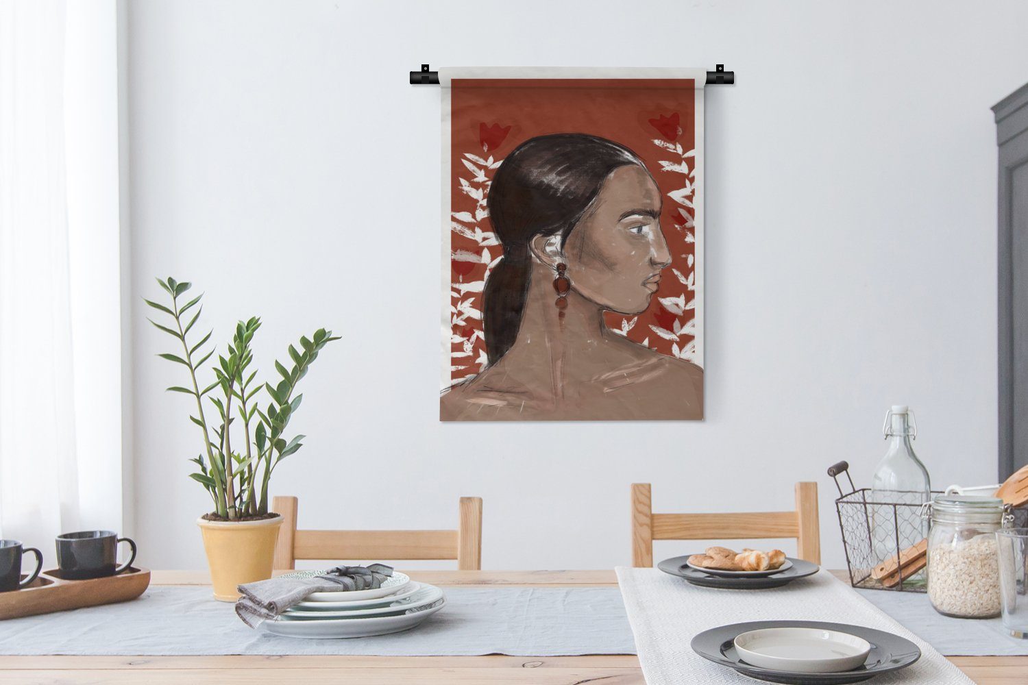 Frau - für Rot Wanddekoobjekt Wand, MuchoWow Deko - - Porträt Schlafzimmer Tapisserie, Wohnzimmer, Blumen, an der