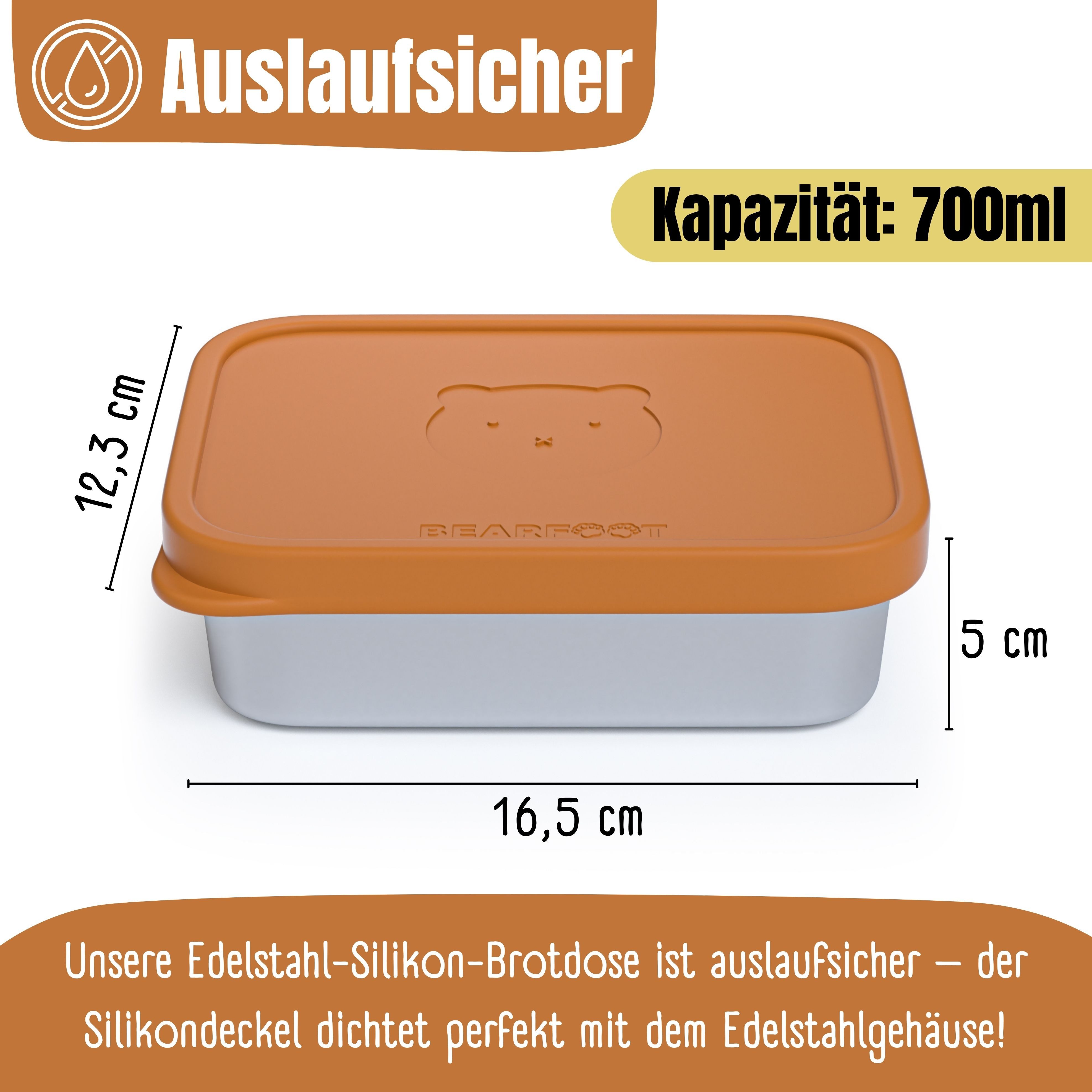BEARFOOT Lunchbox Brotdose Kinder Edelstahl mit Silikoneinsatz - Braun, Kindergarten und Schule - Mädchen und Jungen, Vesperbox, Snackbox – Bild 5 von 5