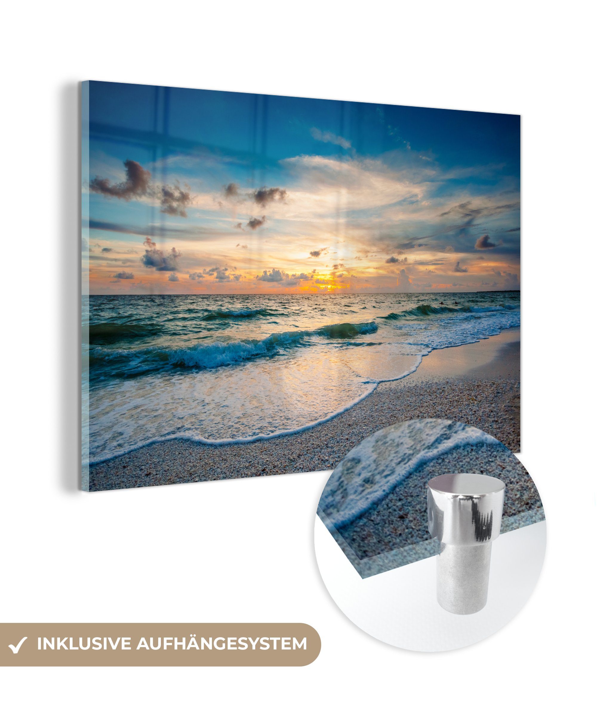MuchoWow Acrylglasbild Strand - Meer - Sonnenuntergang, (1 St), Glasbilder - Bilder auf Glas Wandbild - Foto auf Glas - Wanddekoration