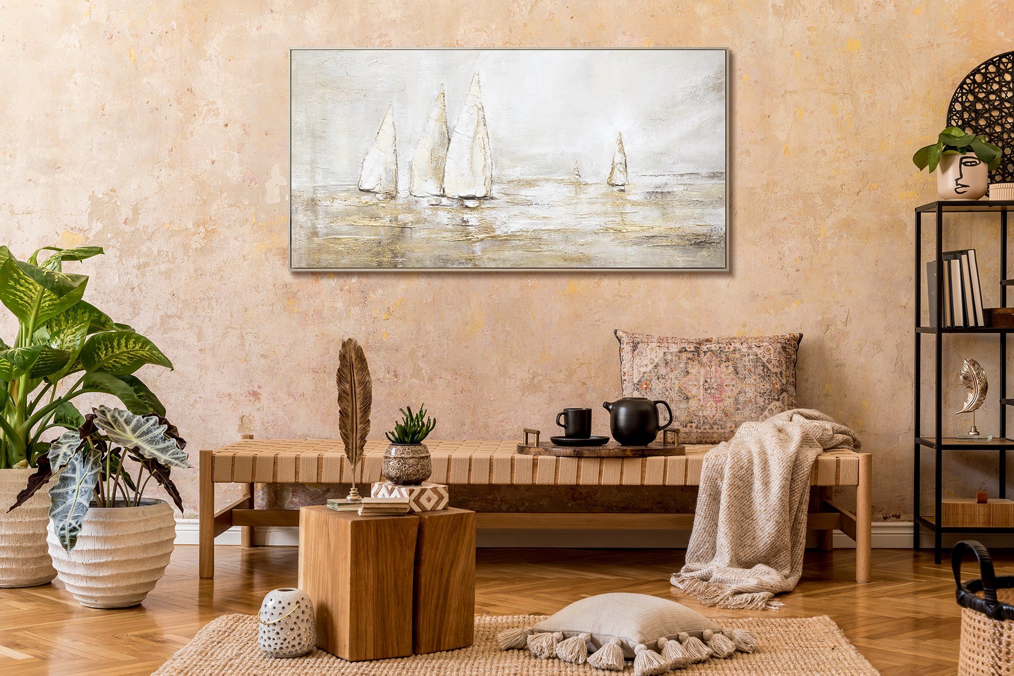 Wasser Segelboote Meer in YS-Art Rahmen Landschaftsbilder, Gold Mit Beige Sonnenblendung, Leinwand Bild Handgemalt Gemälde