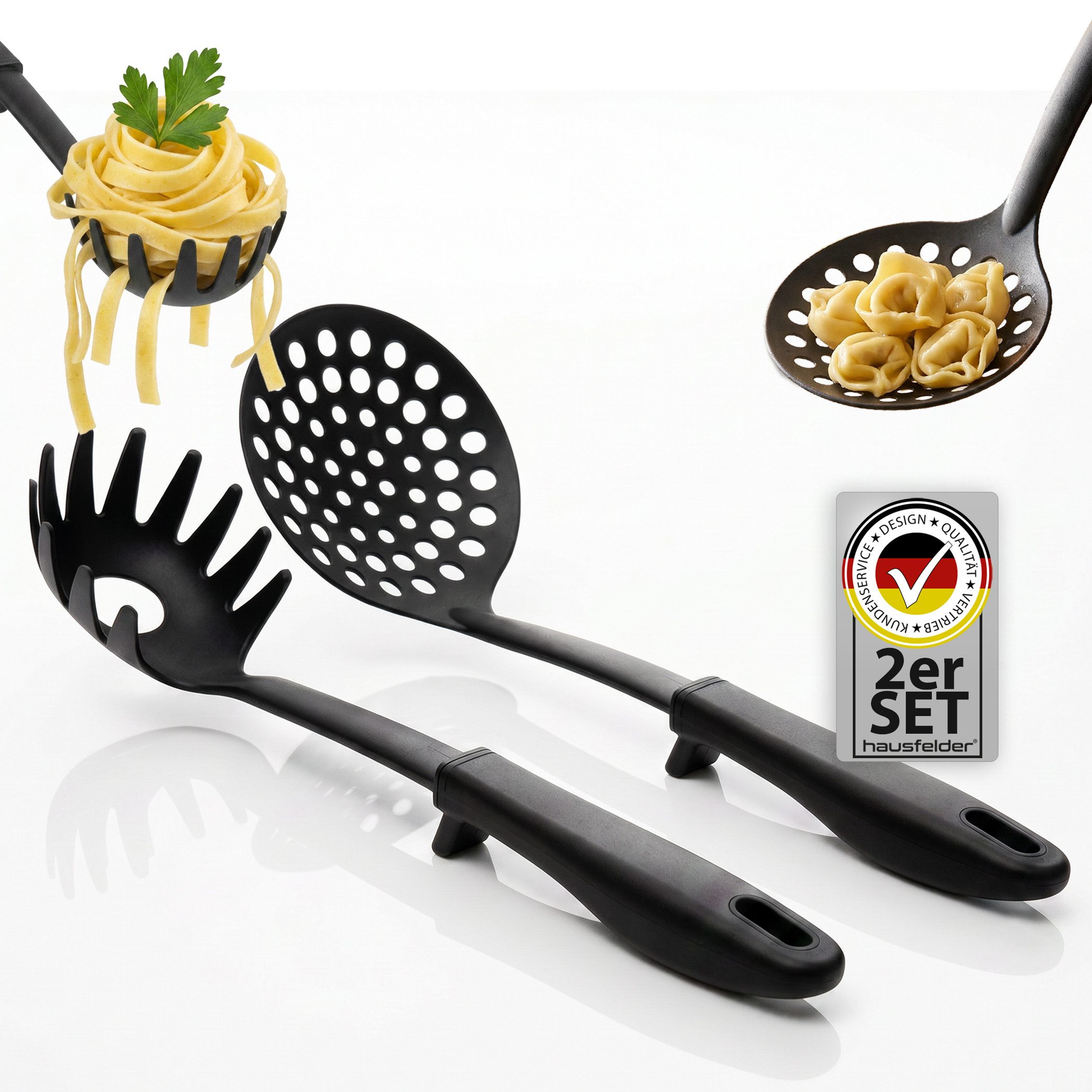 Hausfelder Kochlöffel Schaumlöffel Spaghettilöffel Set, Schwarz, 2er Set zum Kochen und Servieren, Hitzebeständig, BPA-freie