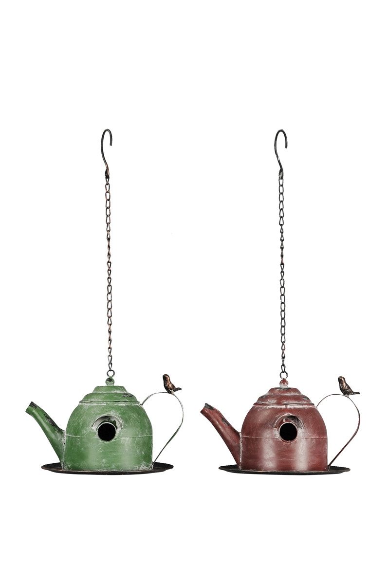 finehomegarden Nistkasten Vogelhaus Metall zum Hängen Teekanne Deko Ø32x22cm H17cm, Garten grün/bordo 2Farben wählbar