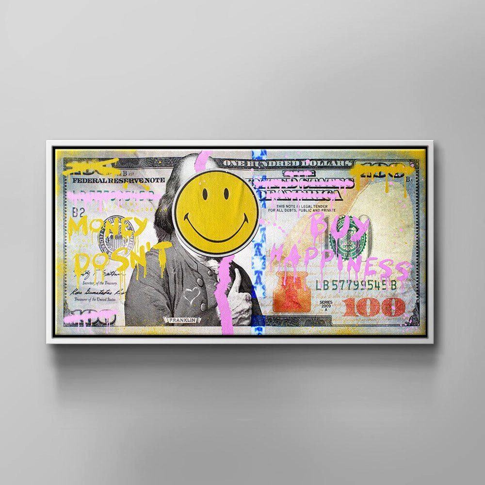 DOTCOMCANVAS® Leinwandbild, Premium Pop Art Leinwandbild - Money doesn't buy Happiness weißer Rahmen