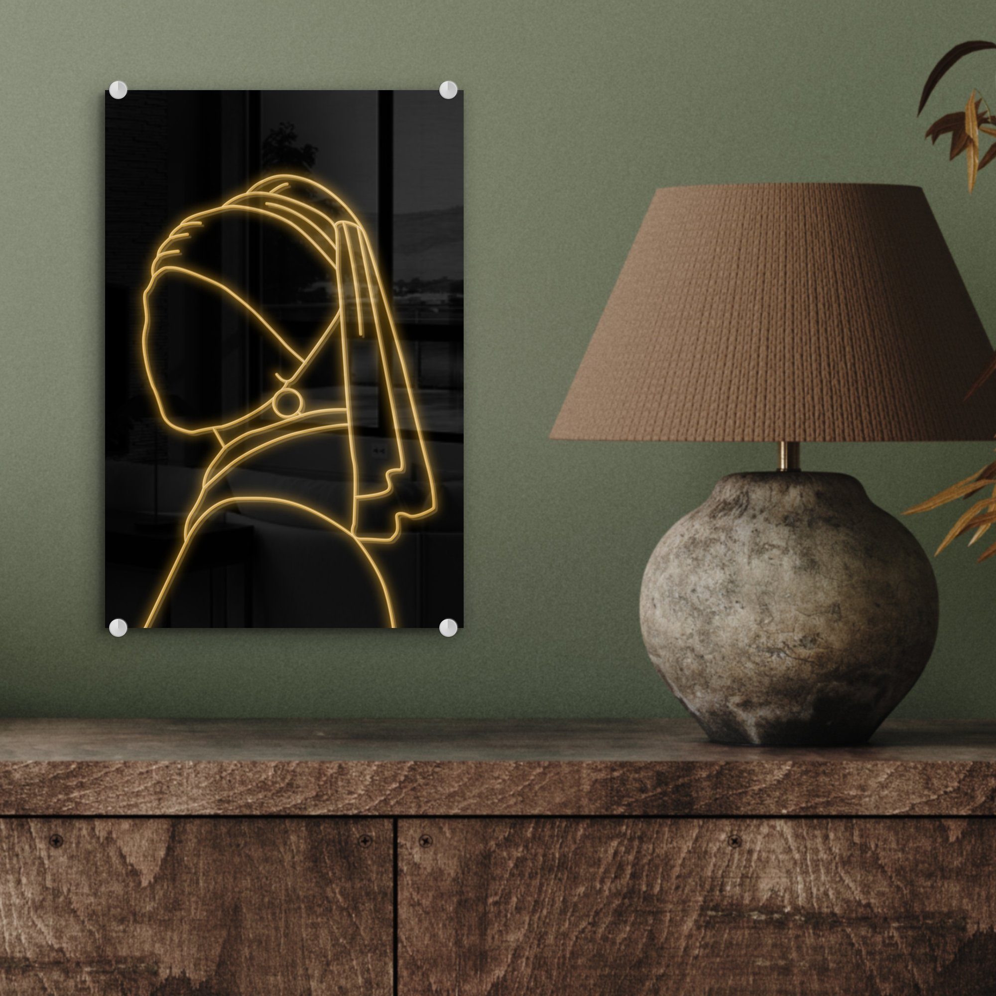 (1 St), auf Vermeer Perlenohrring Glasbilder - Glas MuchoWow - einem Glas mit Wanddekoration Acrylglasbild Wandbild Mädchen auf Johannes Gold, - Foto - Bilder -